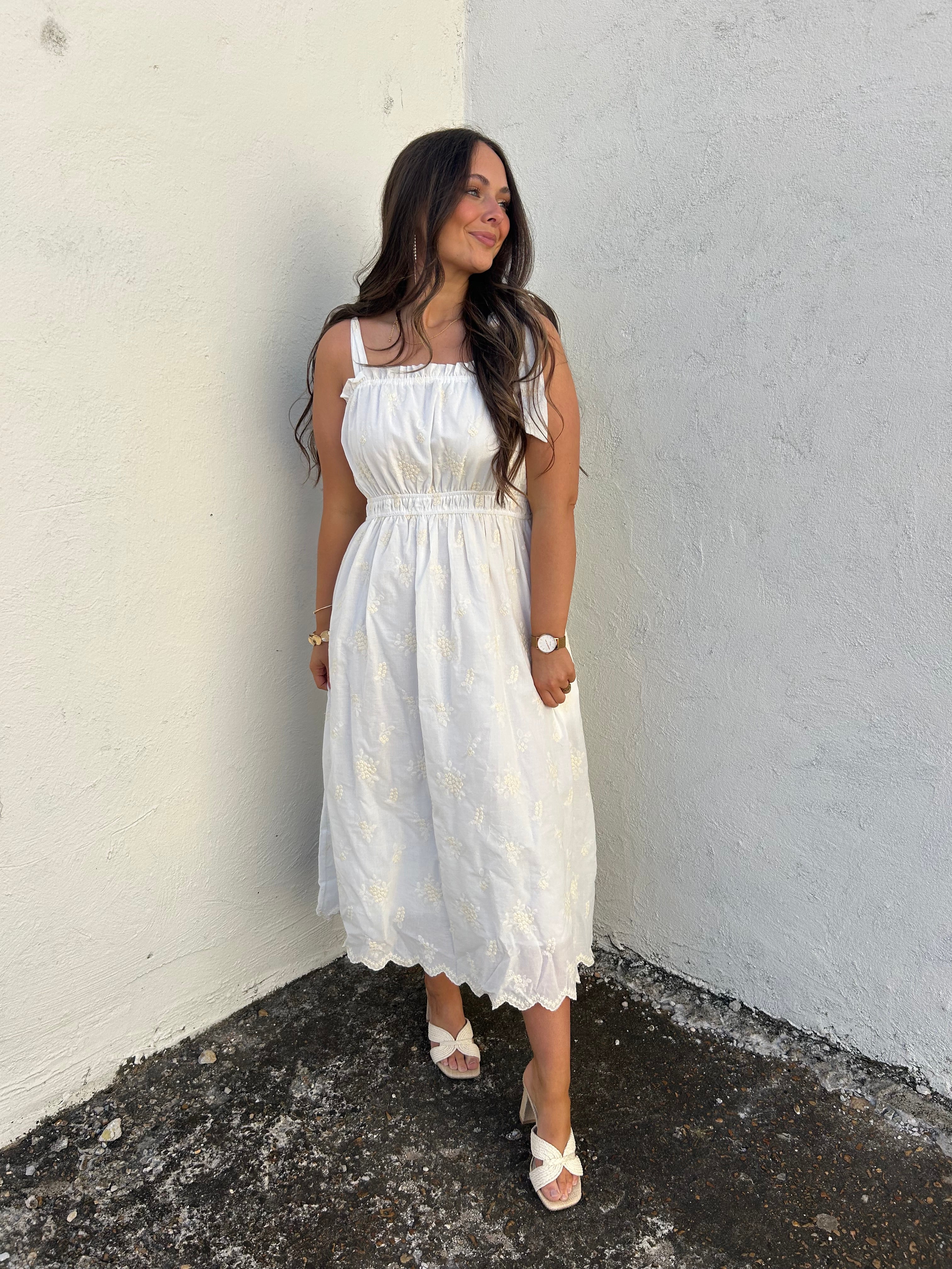 IVORY SCALLOPED EYELET MIDI DRESS
