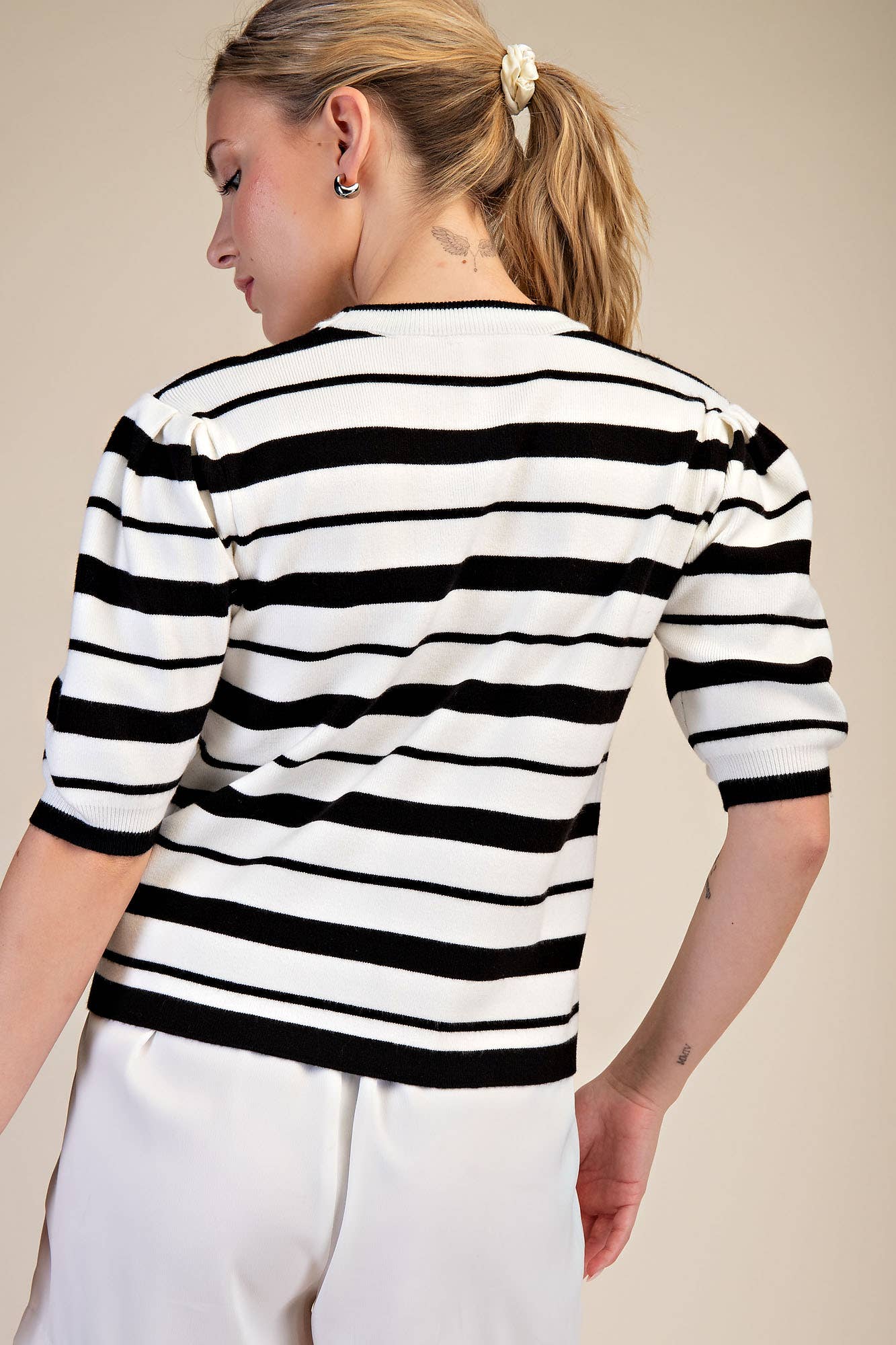 GLAM | BLACK + WHITE STRIPE PUFF SLEEVE TOP
