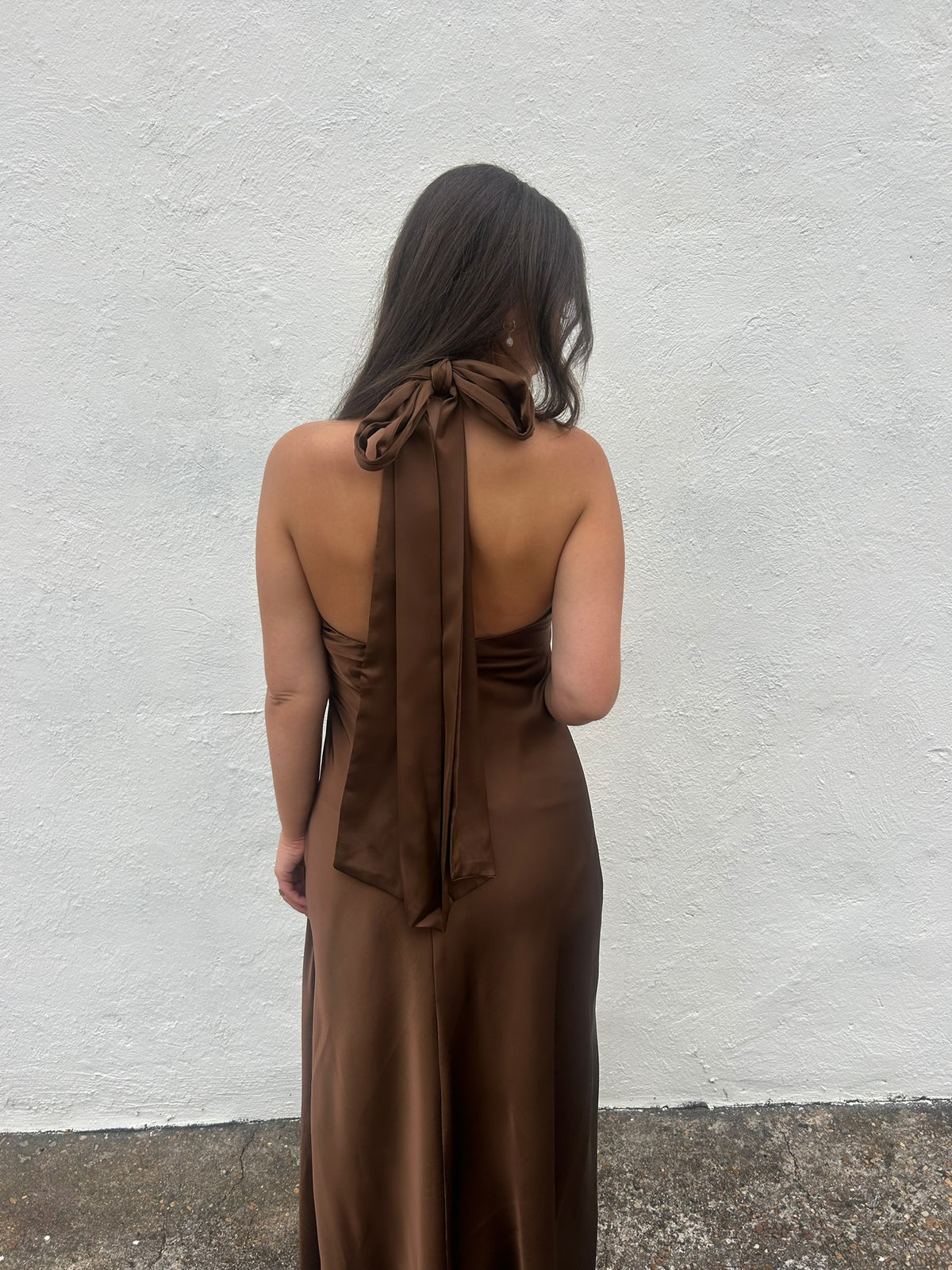 KARLIE | CHOCOLATE SATIN HALTER MAXI DRESS
