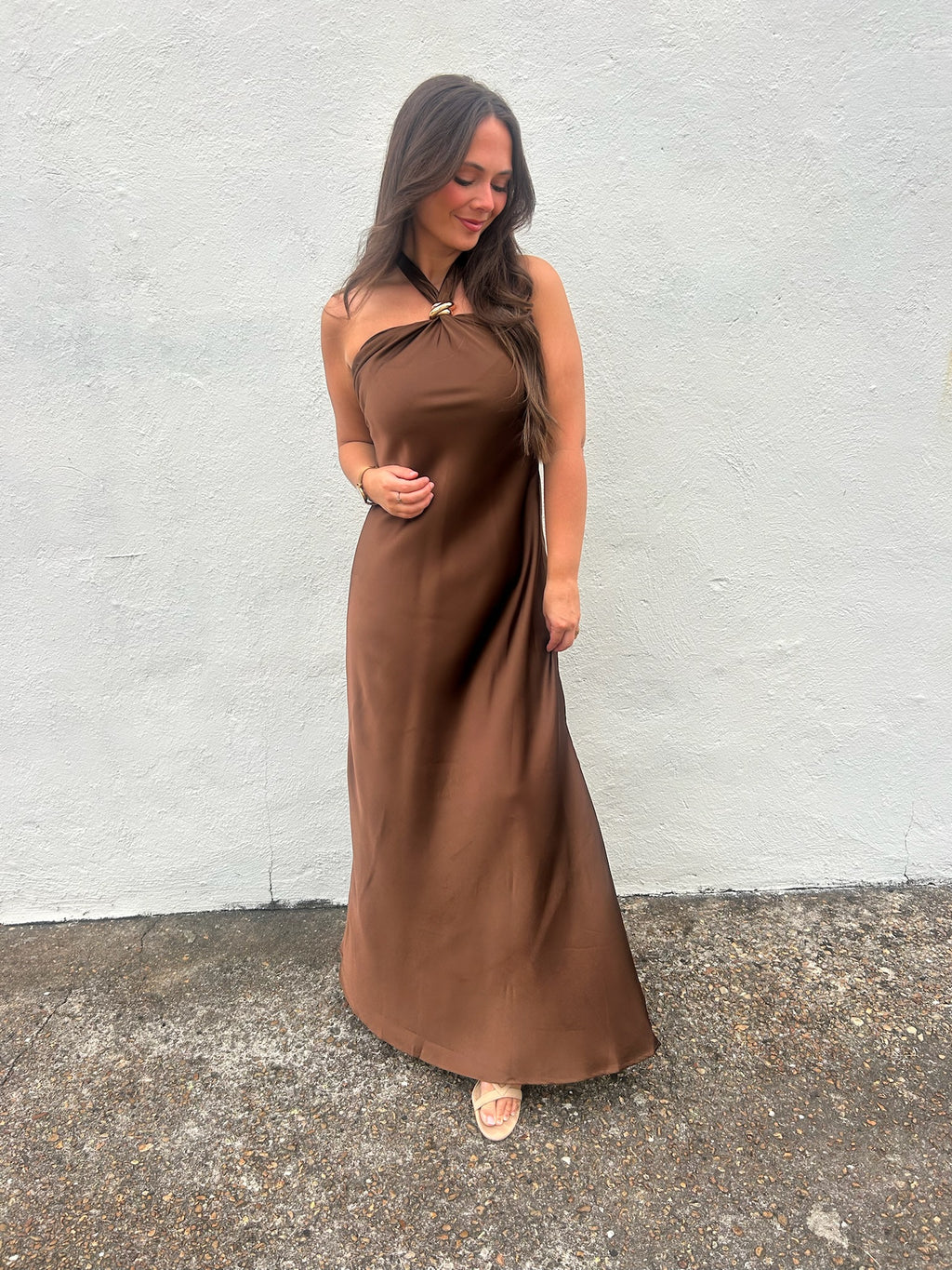 KARLIE | CHOCOLATE SATIN HALTER MAXI DRESS