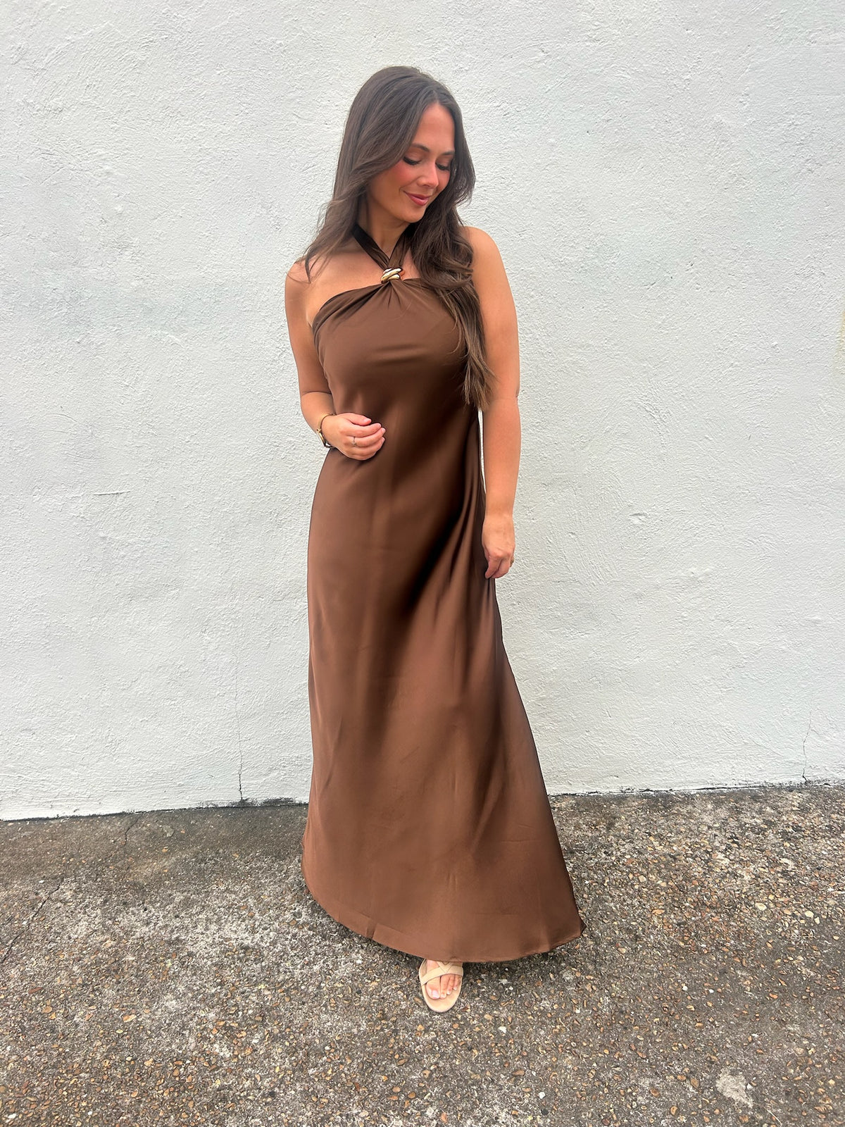 KARLIE | CHOCOLATE SATIN HALTER MAXI DRESS