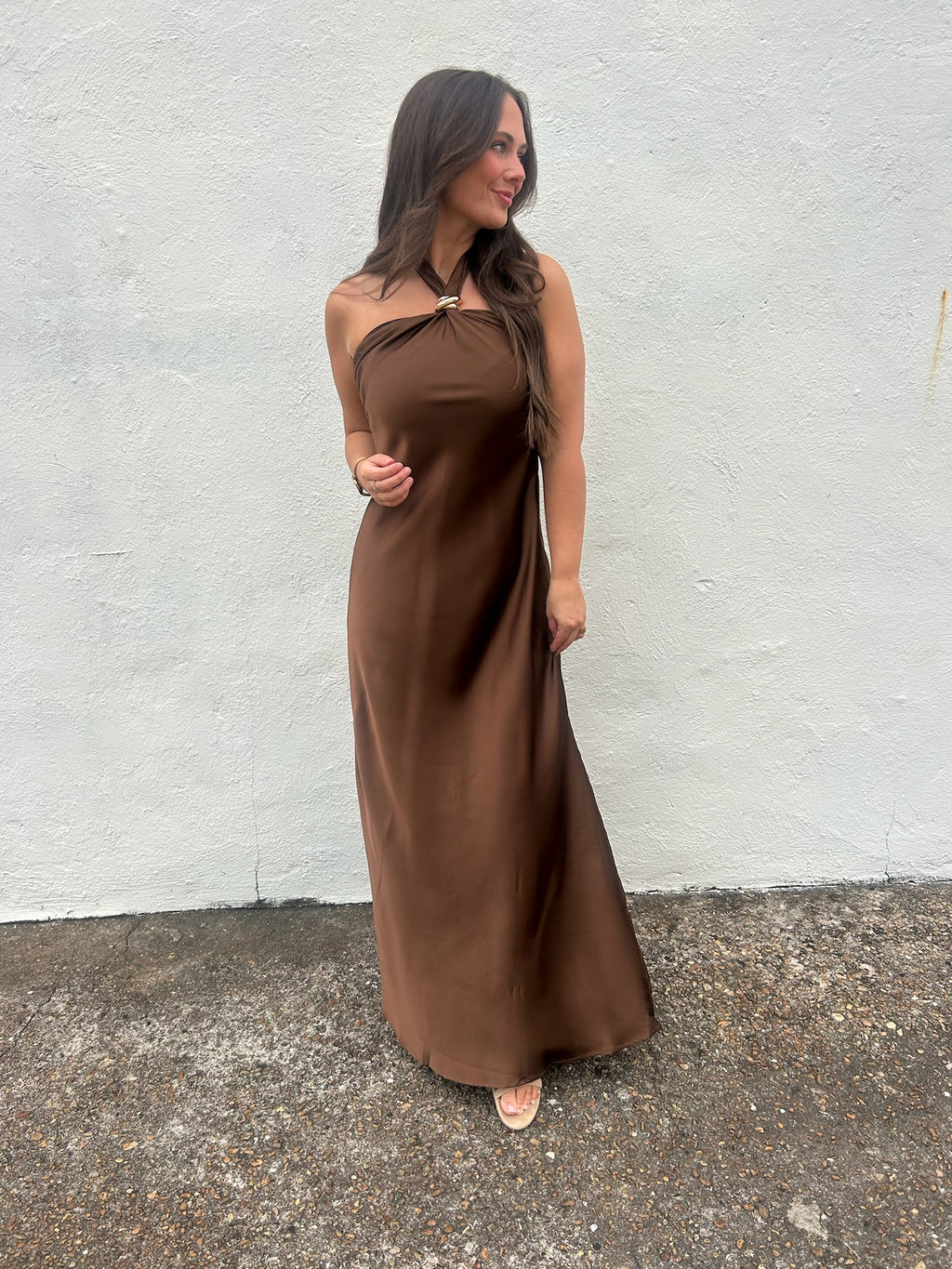 KARLIE | CHOCOLATE SATIN HALTER MAXI DRESS
