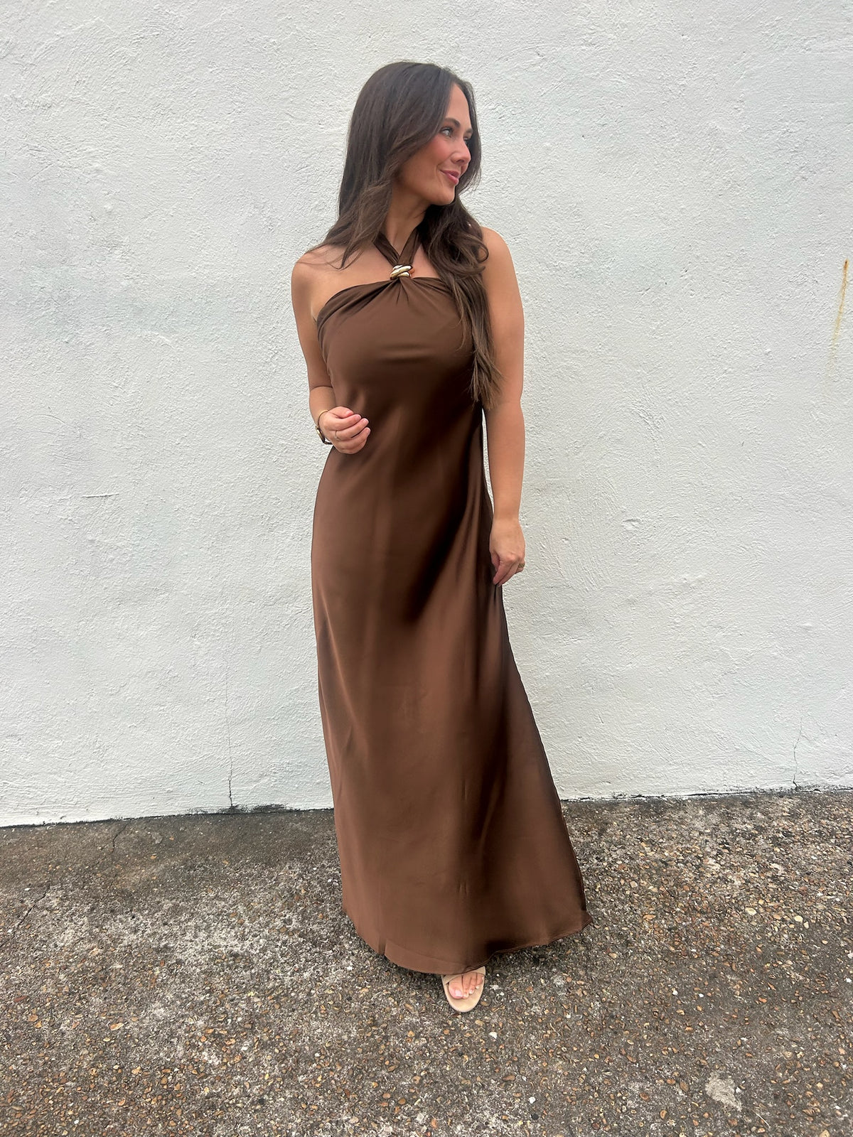 KARLIE | CHOCOLATE SATIN HALTER MAXI DRESS