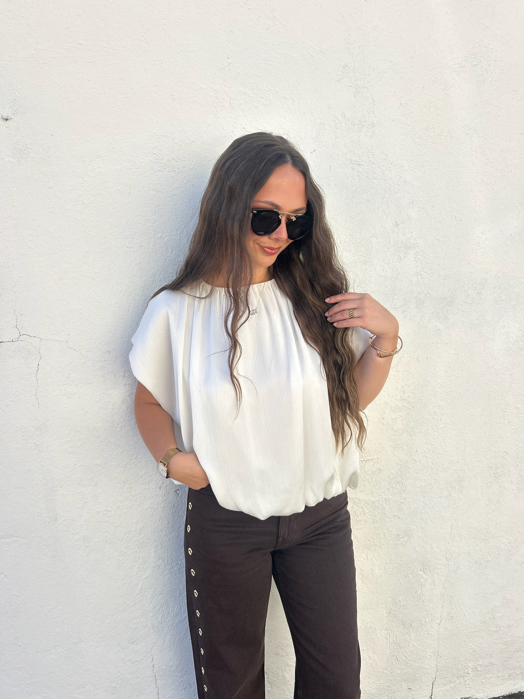 ELLE GREY | GATHERED NECK BUBBLE BLOUSE