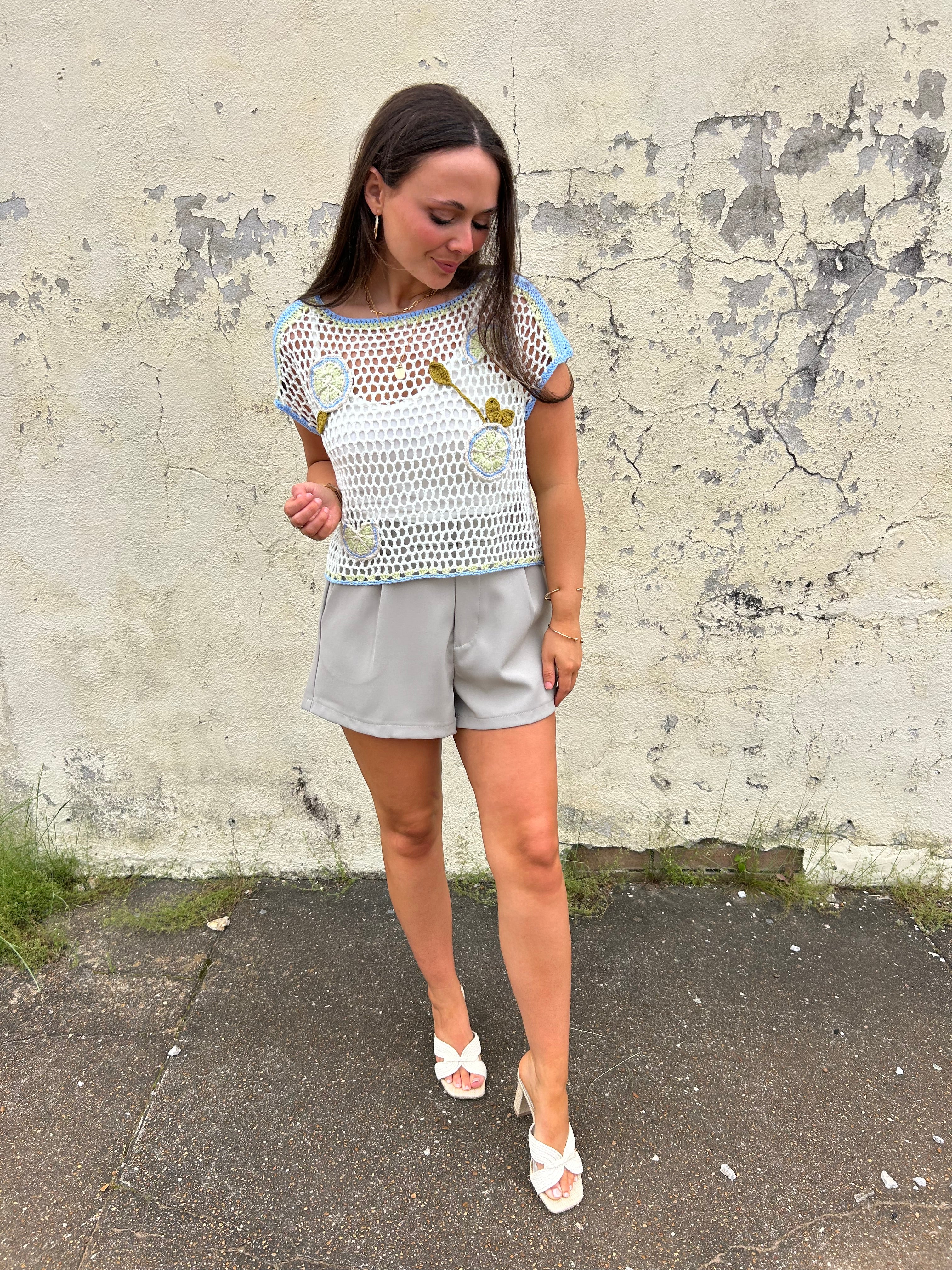 IVORY + BLUE CROCHET TEXTURED TOP