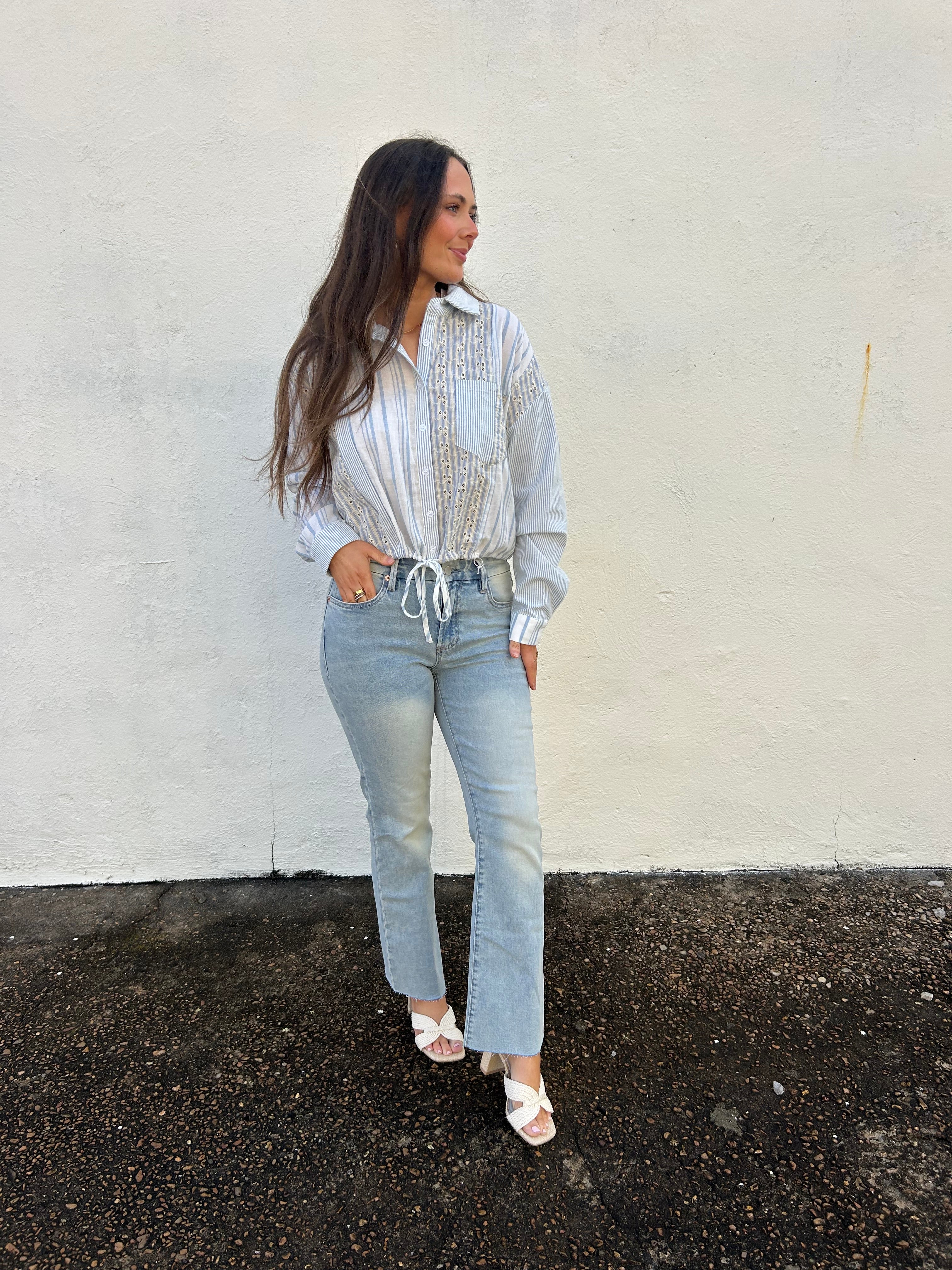 MYSTREE | MIXED STRIPED EYELET LACE SHIRT