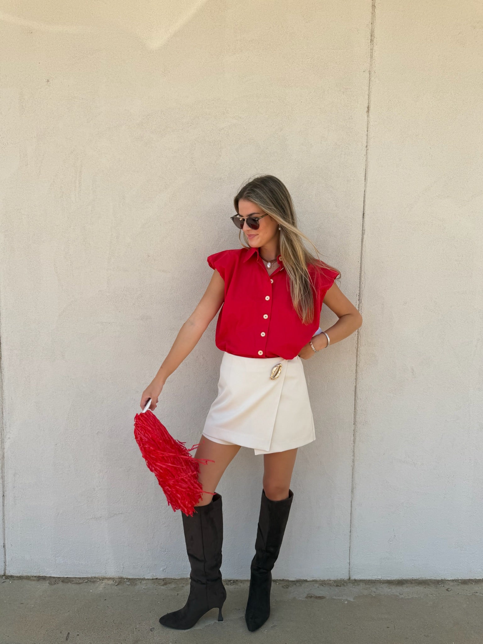 KARLIE | RED POPLIN BUBBLE SLEEVE TOP