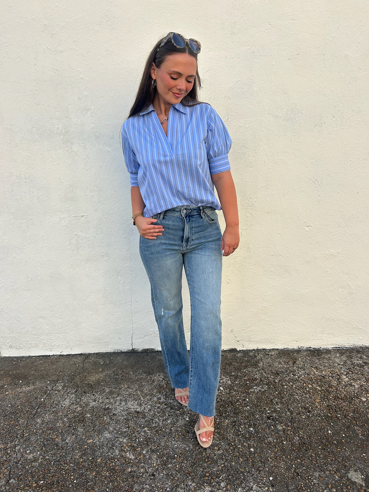 KARLIE | BLUE SKY STRIPE COLLARED TOP