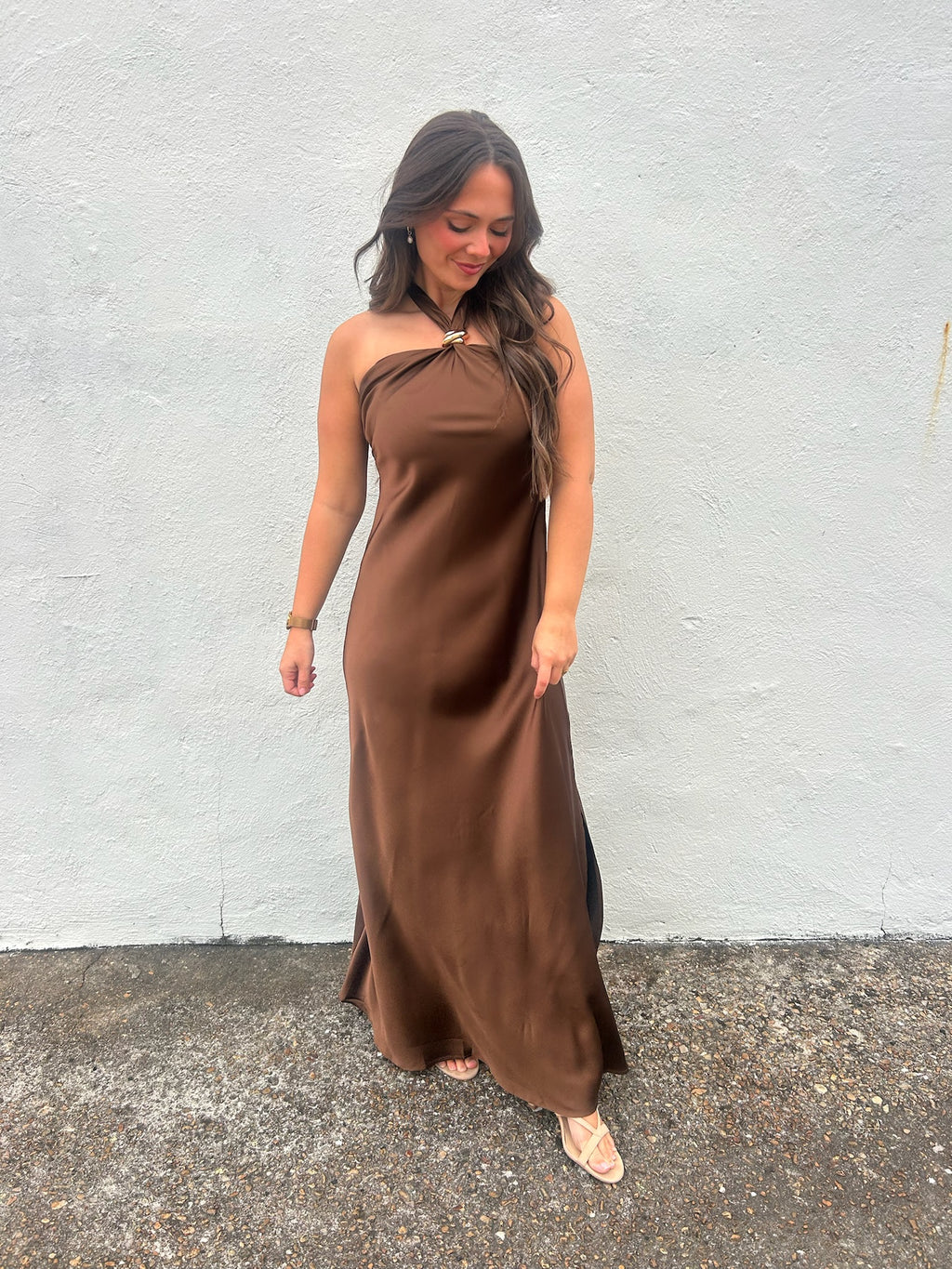 KARLIE | CHOCOLATE SATIN HALTER MAXI DRESS