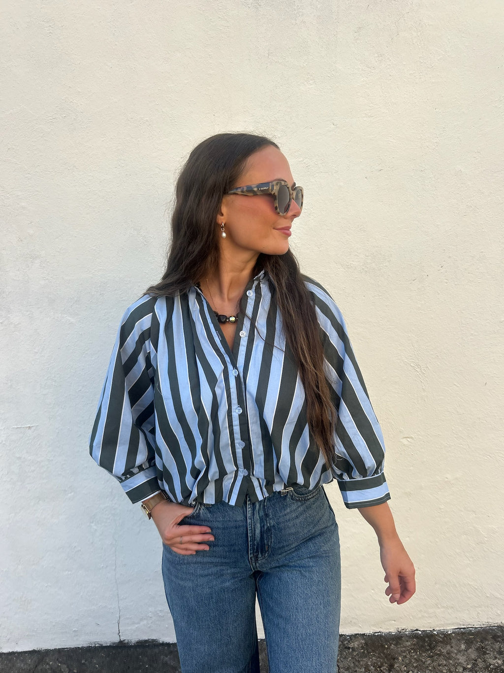 KARLIE | BLUE RIDGE STRIPE BUBBLE TOP