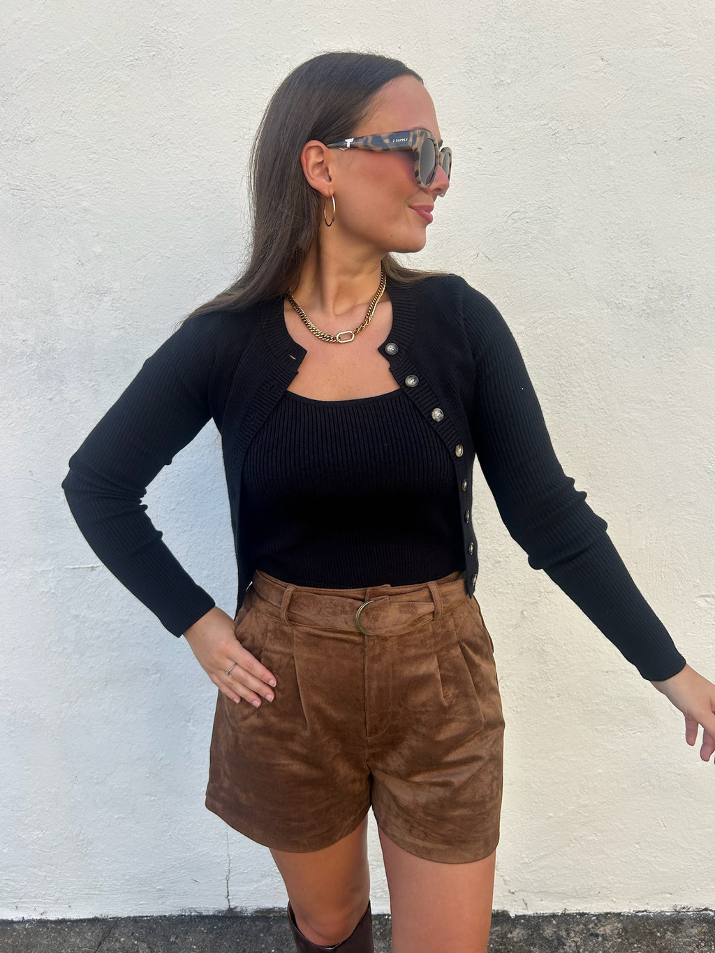 BLACK RIBBED CARDIGAN + TANK SET