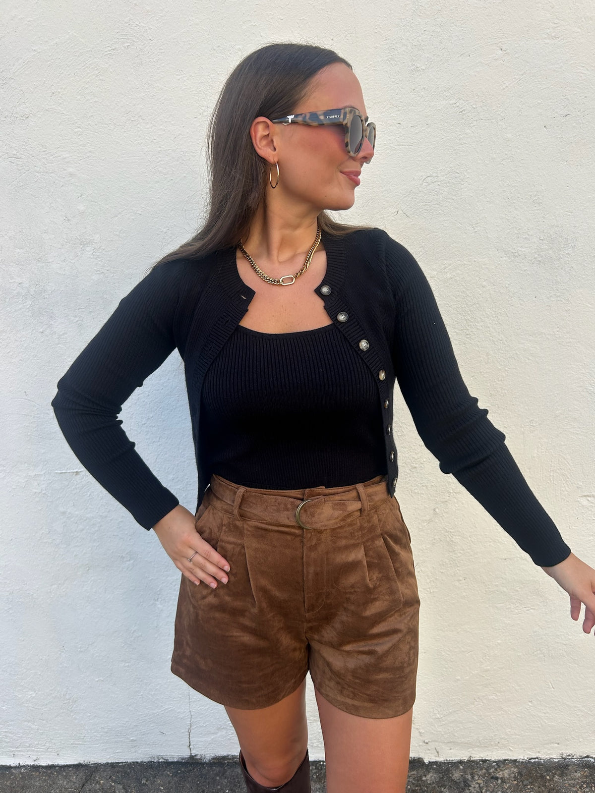 BLACK RIBBED CARDIGAN + TANK SET