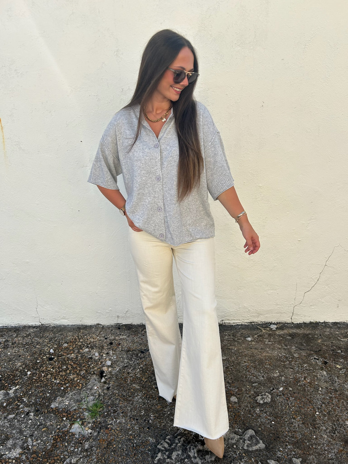 THE MONROE CASHMERE BLEND CARDIGAN IN HEATHER GRAY