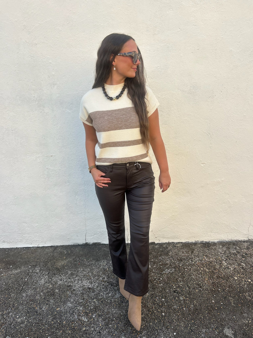 MOCHA STRIPE MOCK NECK SWEATER TOP