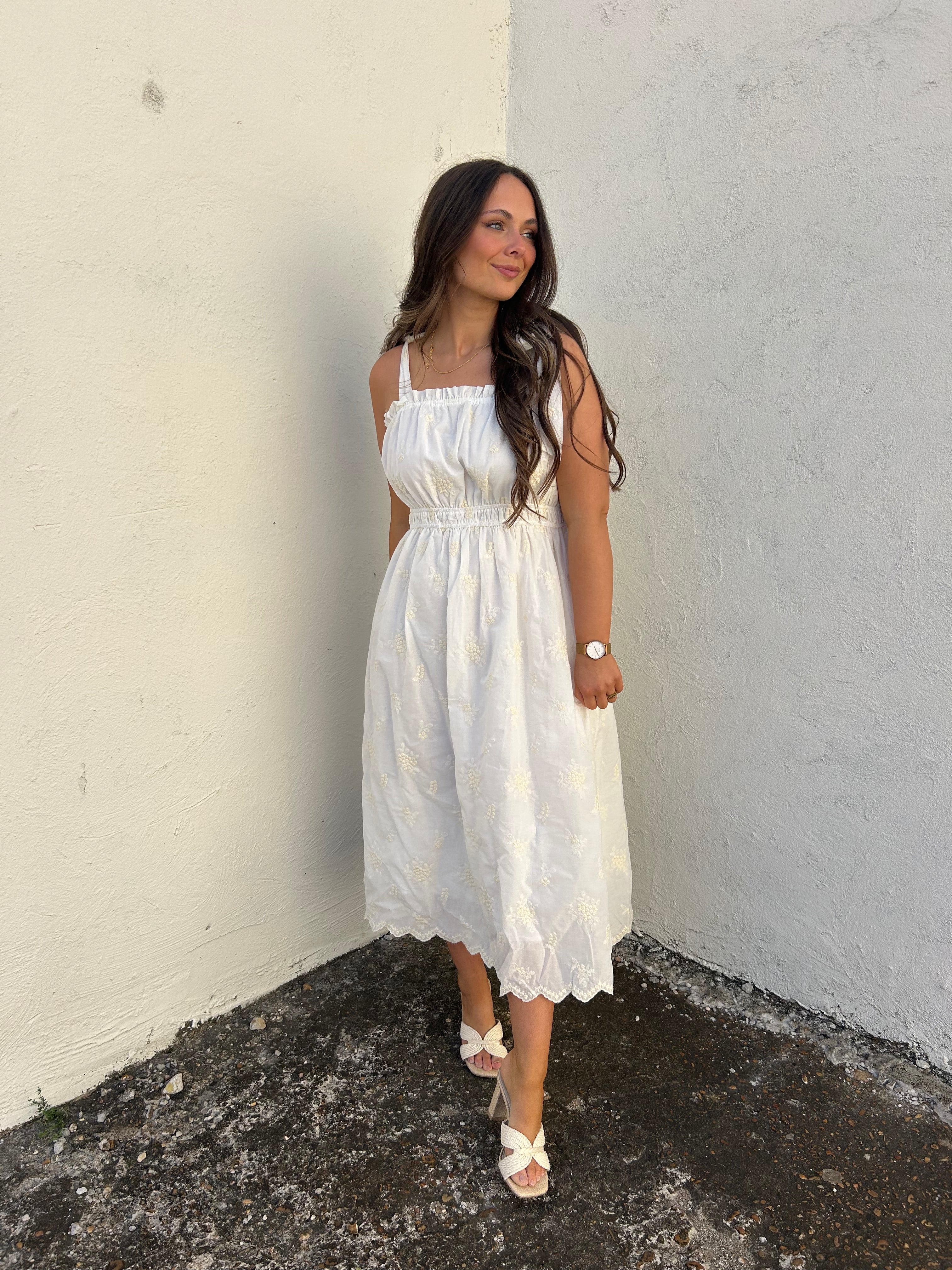 IVORY SCALLOPED EYELET MIDI DRESS