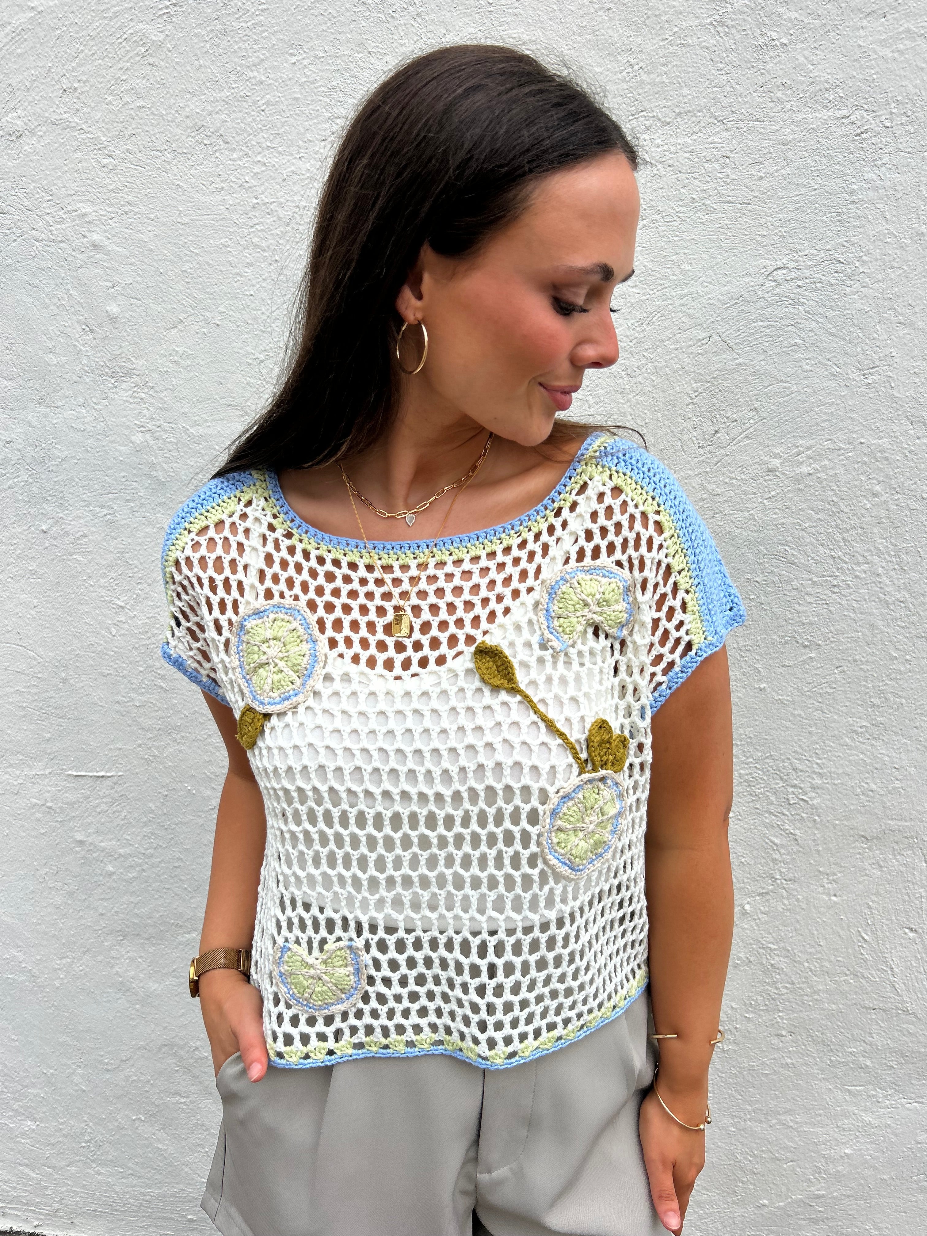 IVORY + BLUE CROCHET TEXTURED TOP