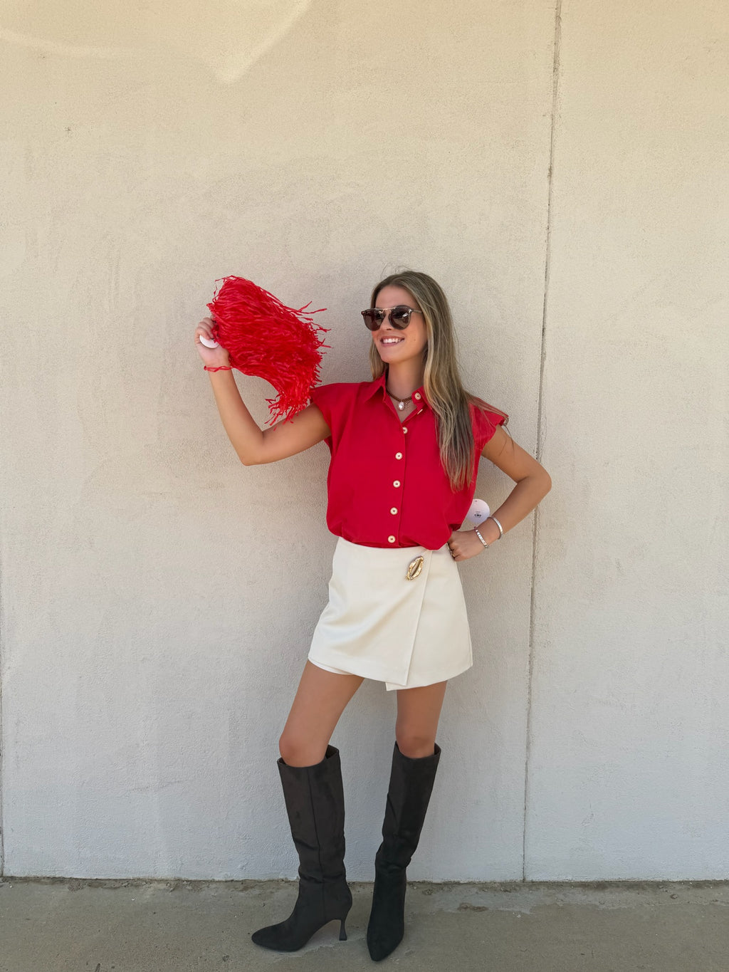 KARLIE | RED POPLIN BUBBLE SLEEVE TOP