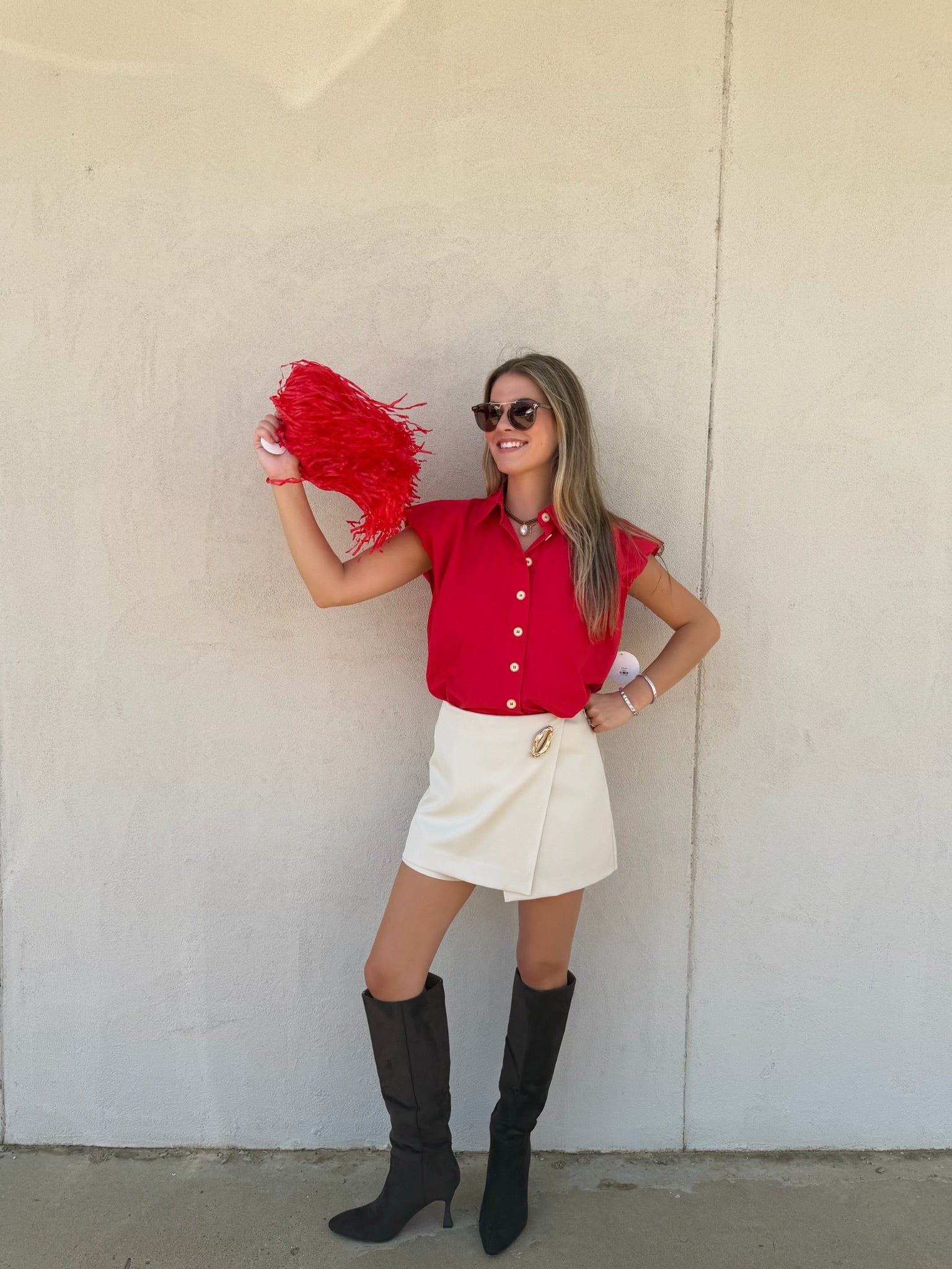 KARLIE | RED POPLIN BUBBLE SLEEVE TOP