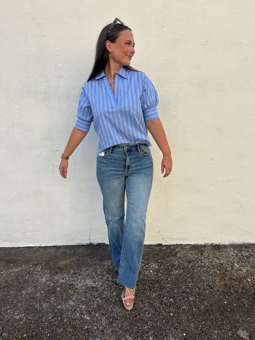 KARLIE | BLUE SKY STRIPE COLLARED TOP