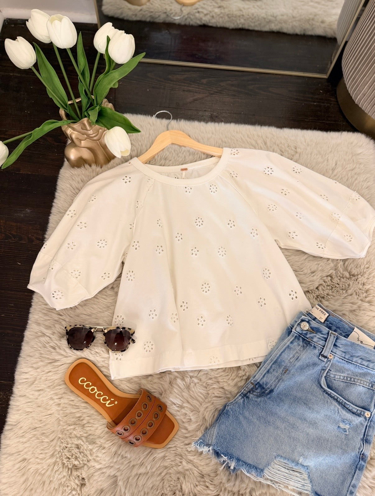 FREE PEOPLE | JESSIE EYELET TEE IN WHISPER WHITE