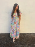PASTEL PALM TIERED MIDI DRESS