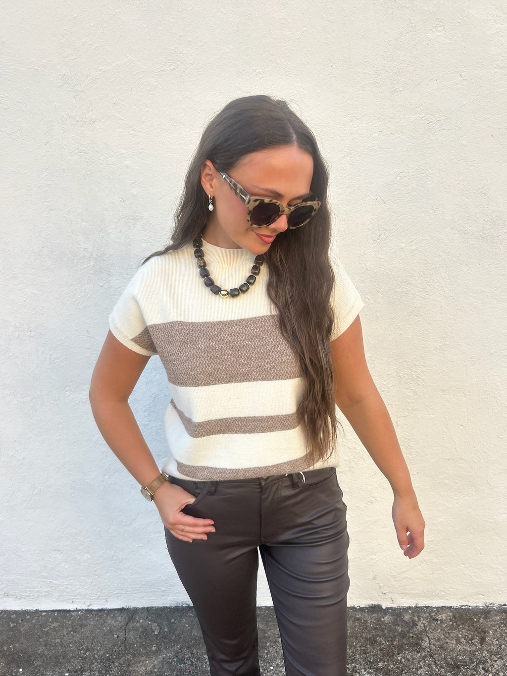 MOCHA STRIPE MOCK NECK SWEATER TOP