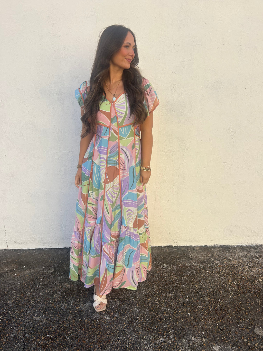 PASTEL PALM TIERED MIDI DRESS