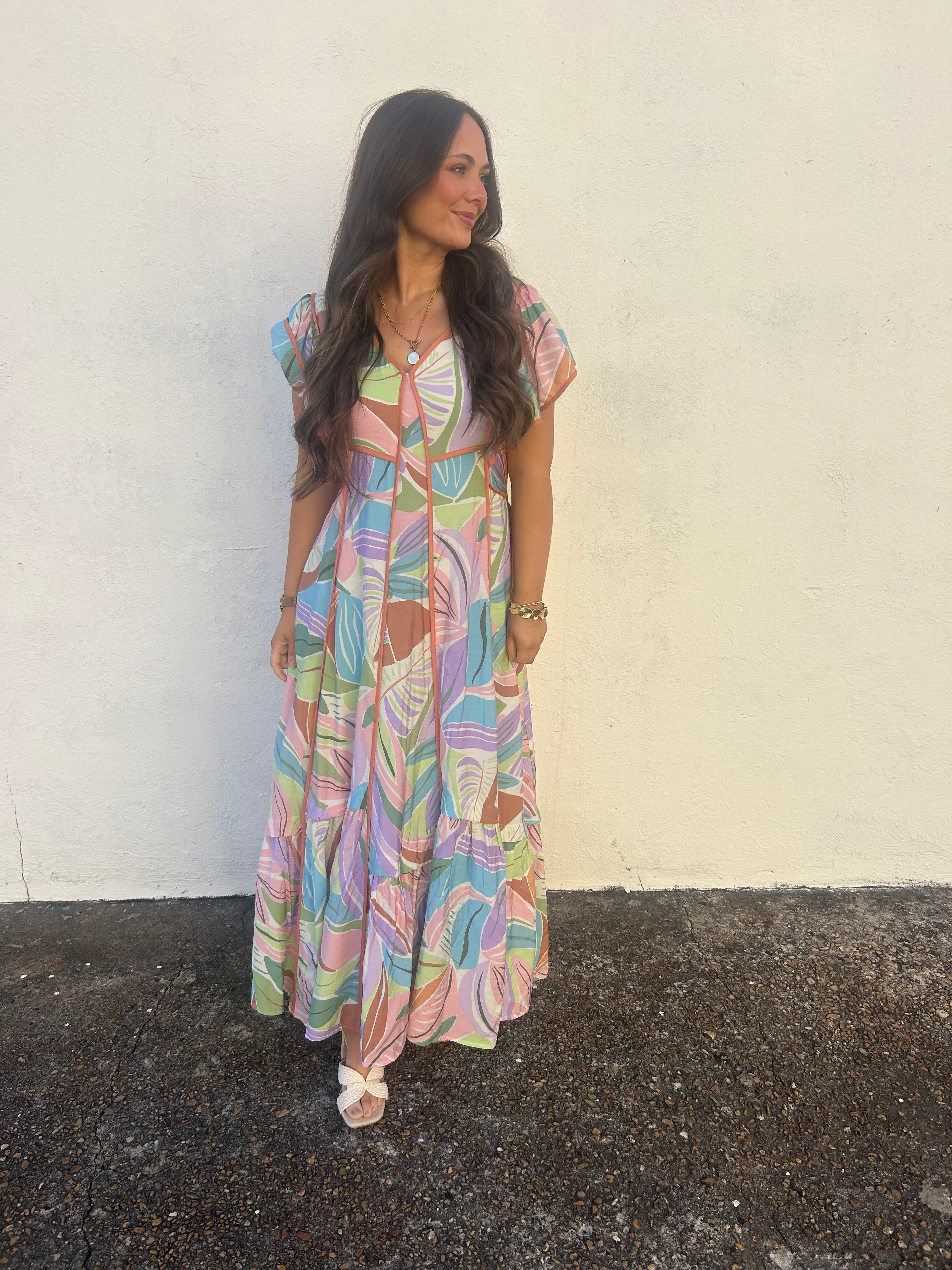 PASTEL PALM TIERED MIDI DRESS
