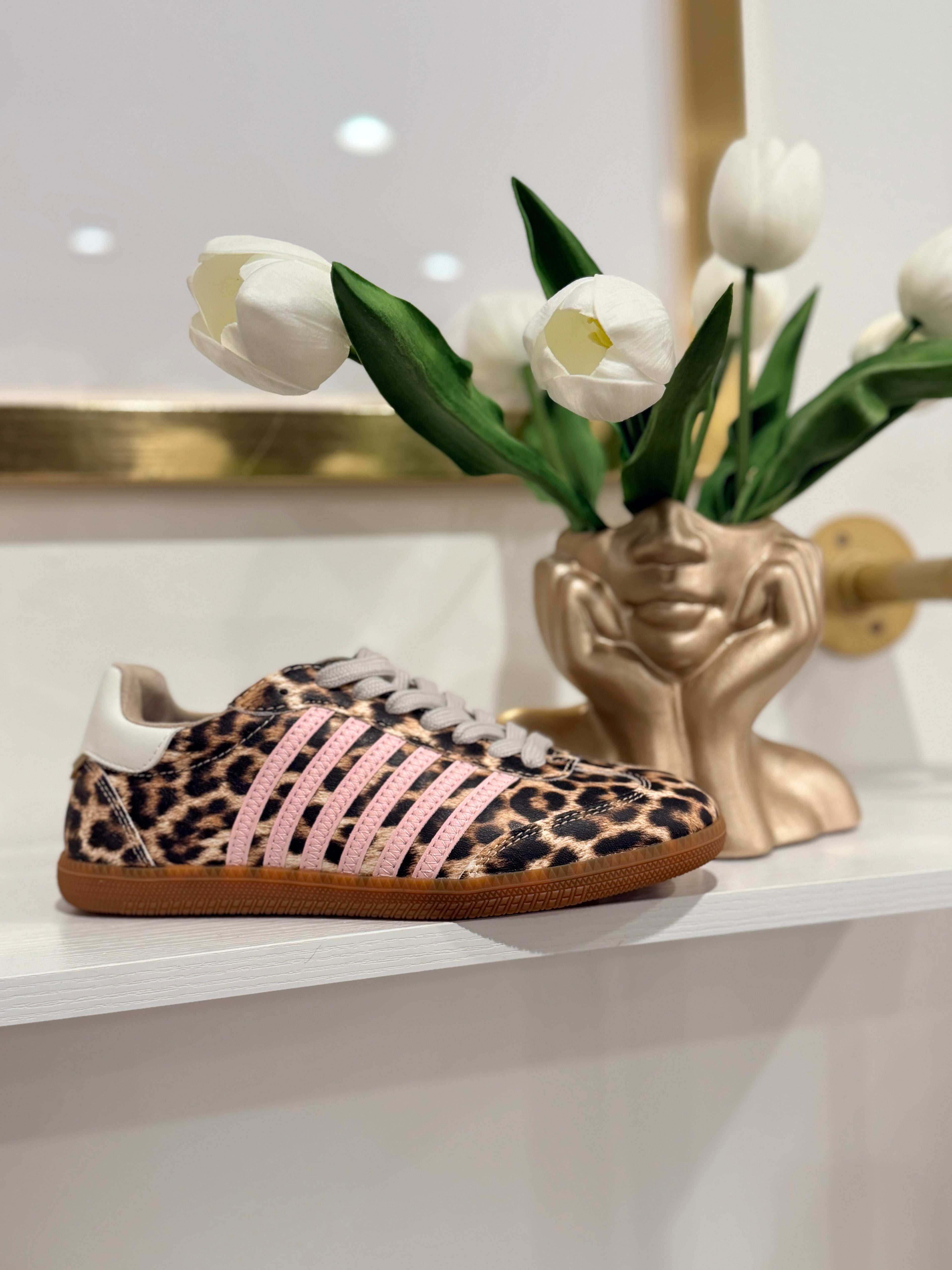 SHU SHOP | STEVIE LEOPARD PRINT SNEAKER WITH BLUSH PINK STRIPES