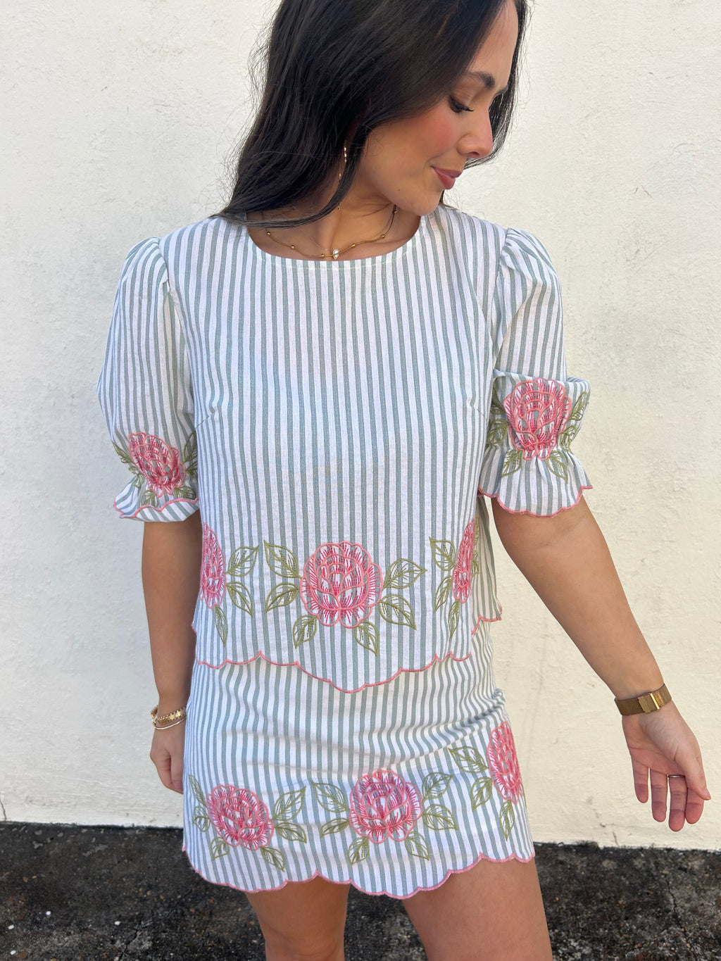 MYSTREE || PINSTRIPE SCALLOPED HEM EMBROIDERED SKIRT