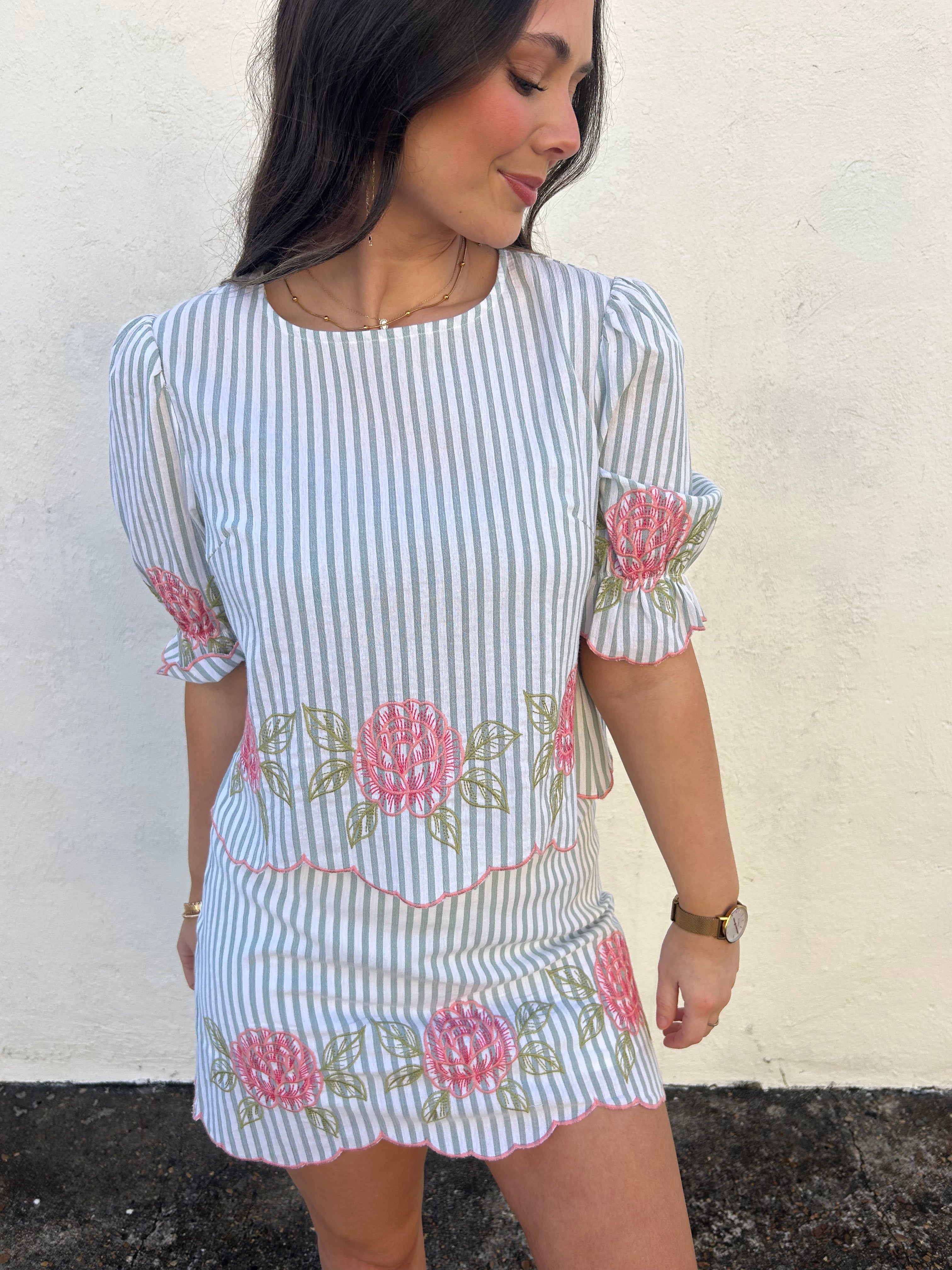 MYSTREE | PINSTRIPE SCALLOPED HEM EMBROIDERED SHIRT