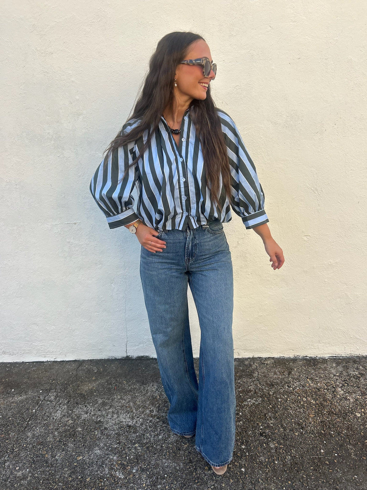 KARLIE | BLUE RIDGE STRIPE BUBBLE TOP