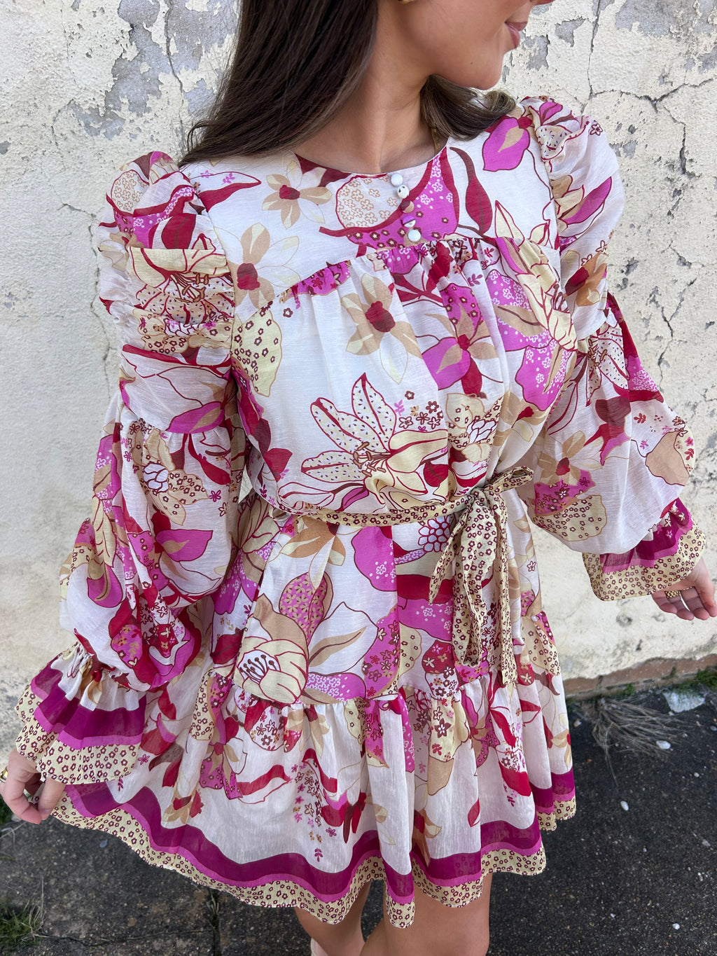 CIEBON | FLORAL RUCHED SLEEVE MINI DRESS