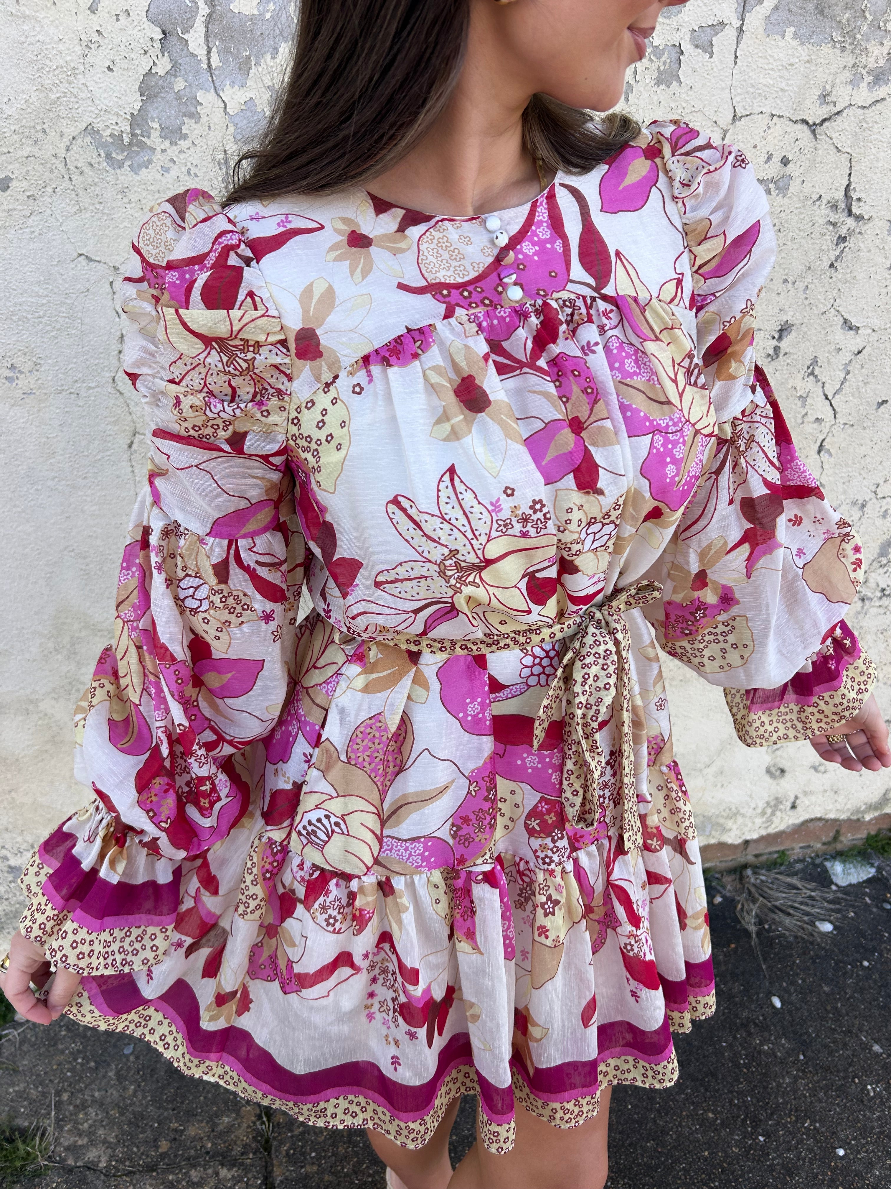 CIEBON | FLORAL RUCHED SLEEVE MINI DRESS