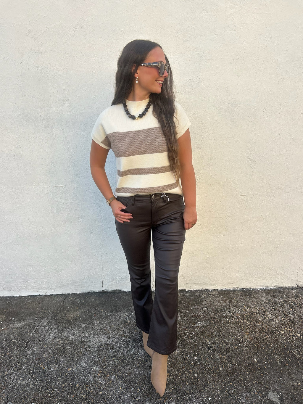 MOCHA STRIPE MOCK NECK SWEATER TOP