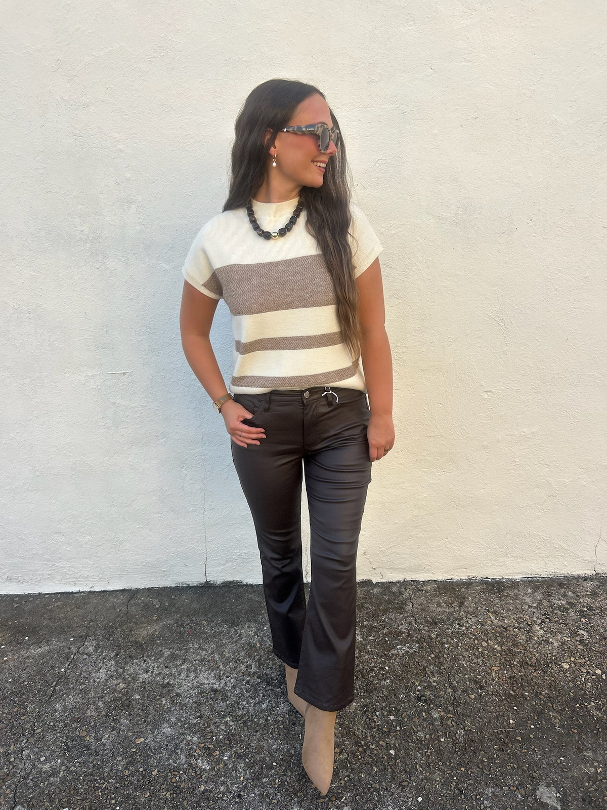 MOCHA STRIPE MOCK NECK SWEATER TOP