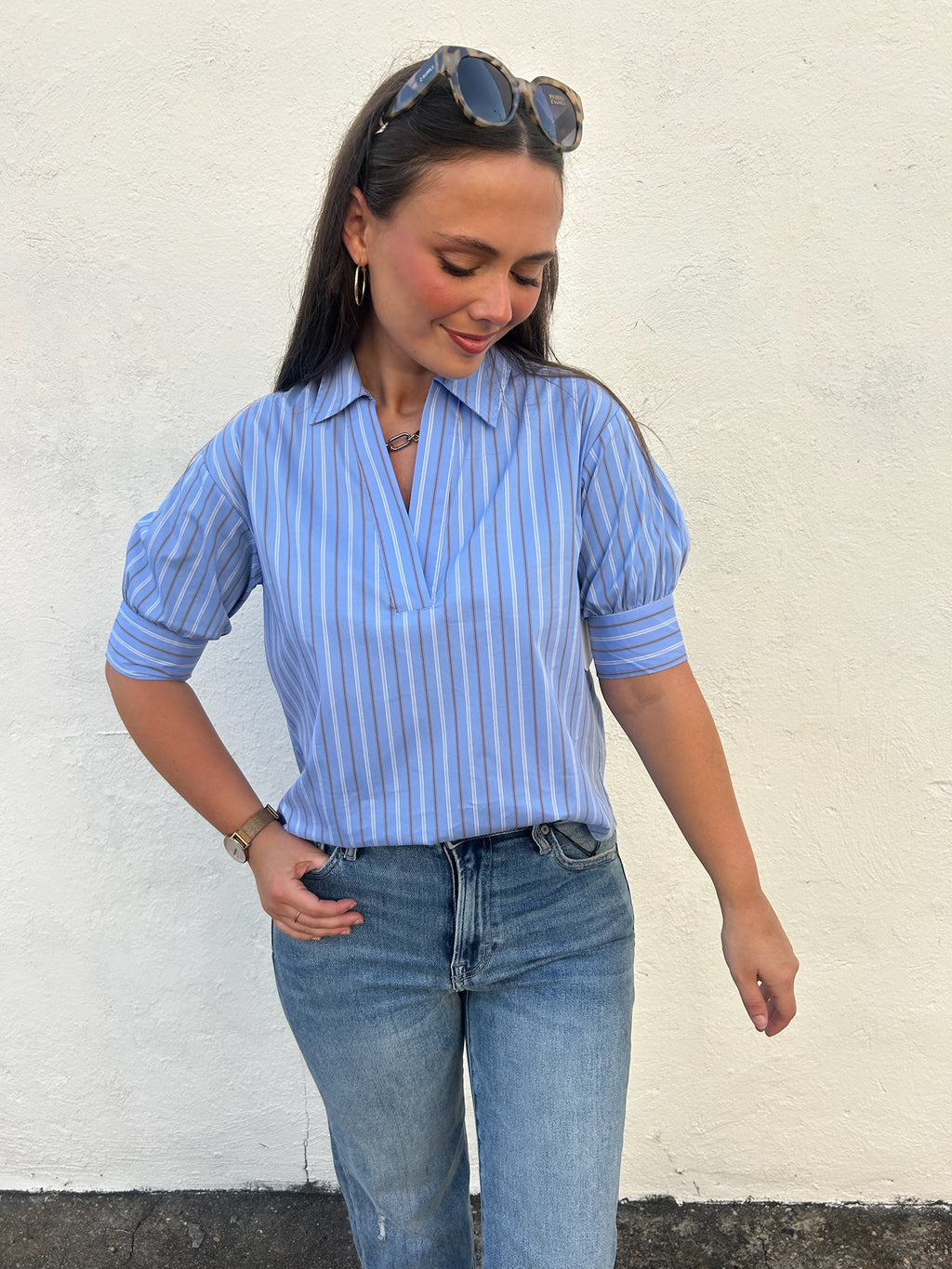 KARLIE | BLUE SKY STRIPE COLLARED TOP