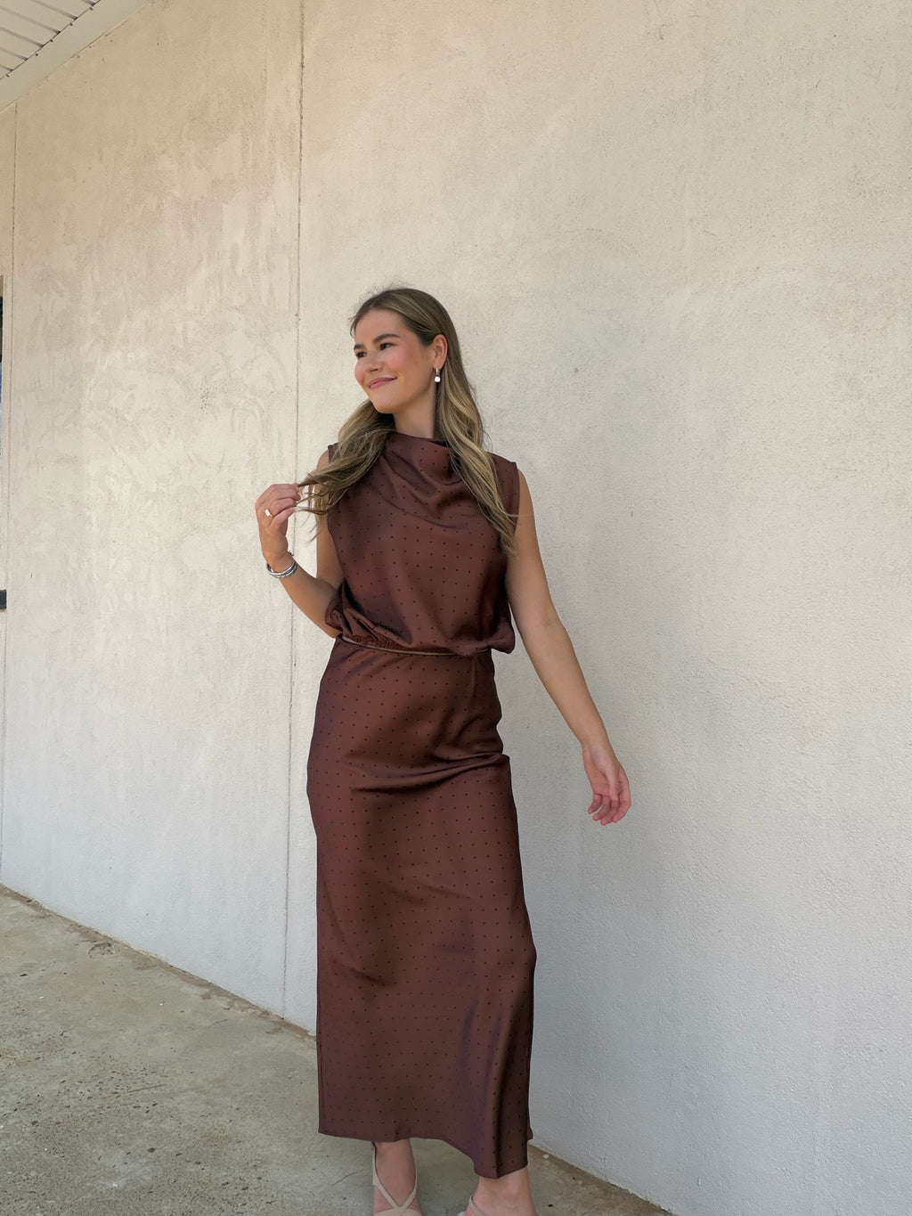 THE SULLIVAN MOCHA DOT MOCK NECK TOP