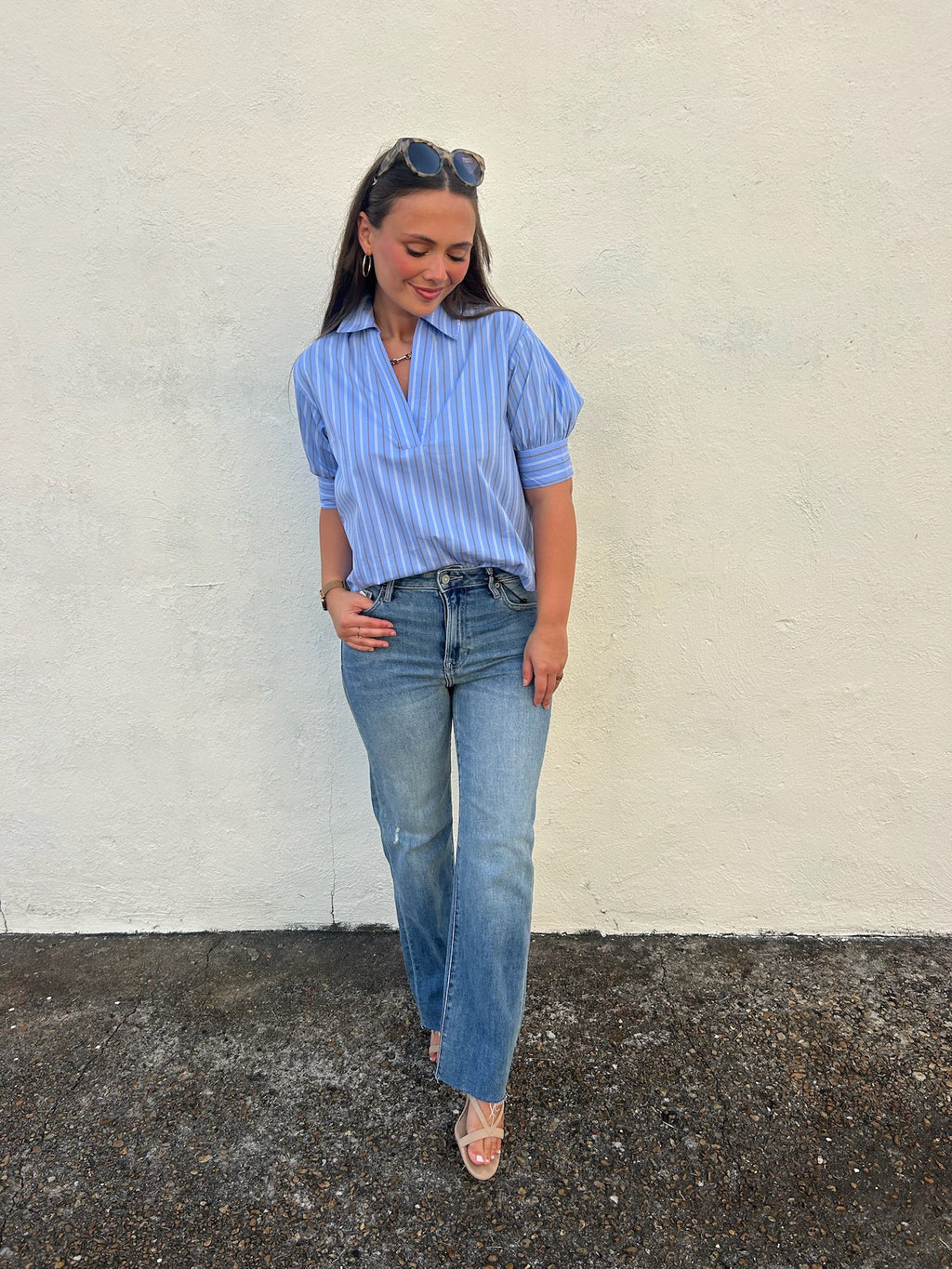 KARLIE | BLUE SKY STRIPE COLLARED TOP