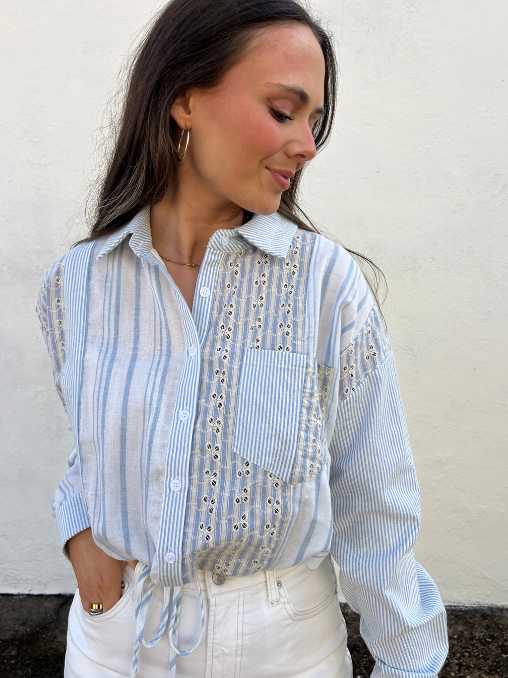 MYSTREE | MIXED STRIPED EYELET LACE SHIRT