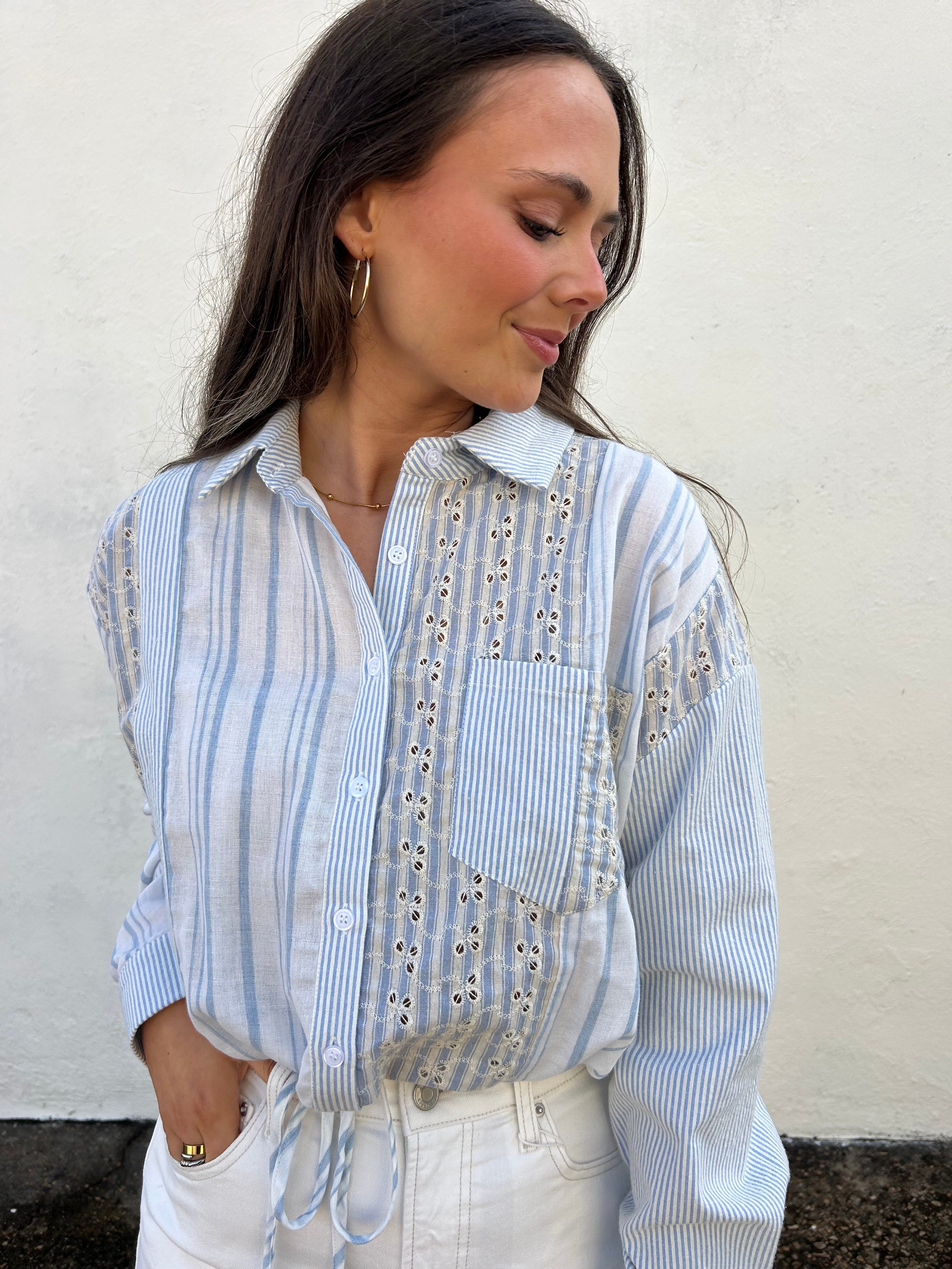 MYSTREE | MIXED STRIPED EYELET LACE SHIRT