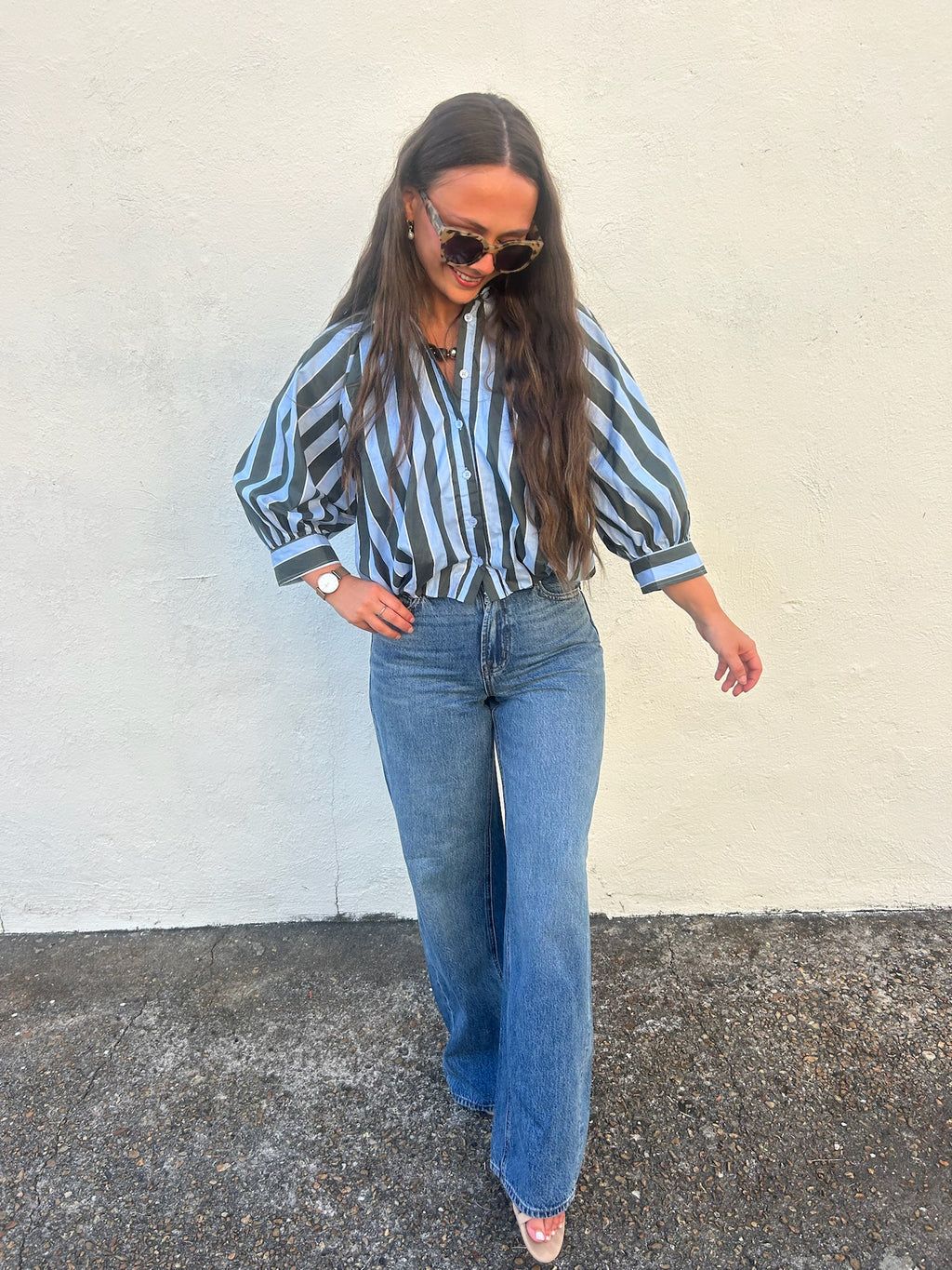 KARLIE | BLUE RIDGE STRIPE BUBBLE TOP