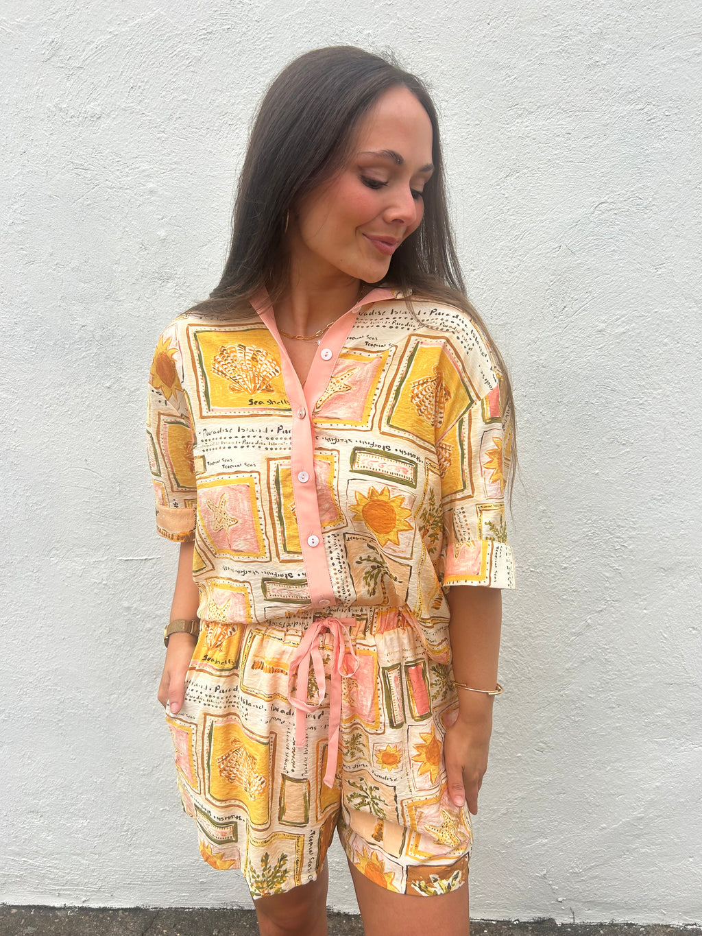 SANDCASTLE PRINT BUTTON FRONT BLOUSE