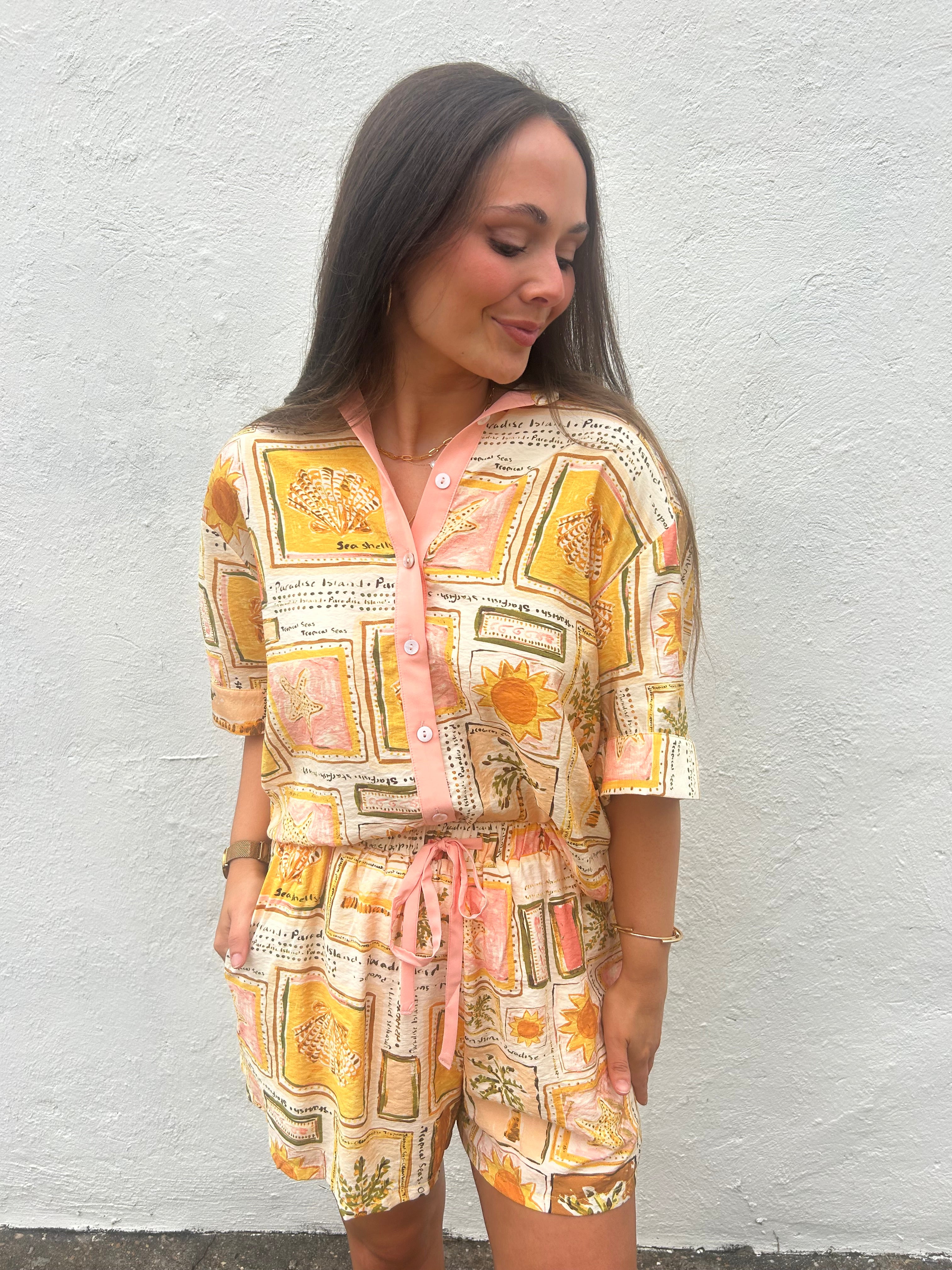 SANDCASTLE PRINT BUTTON FRONT BLOUSE