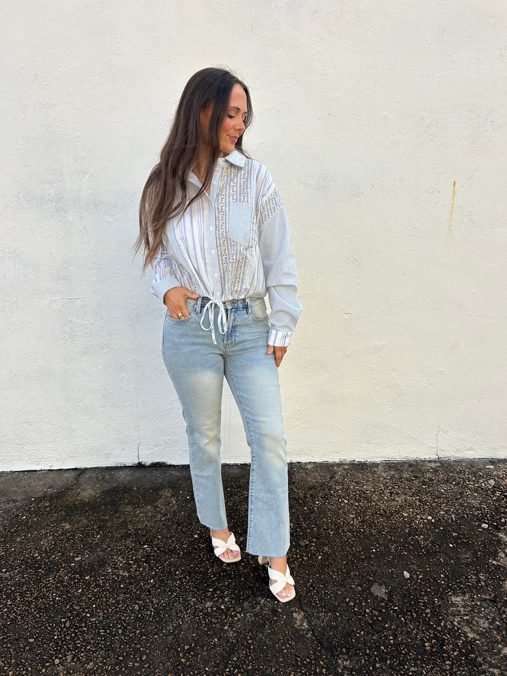 MYSTREE | MIXED STRIPED EYELET LACE SHIRT