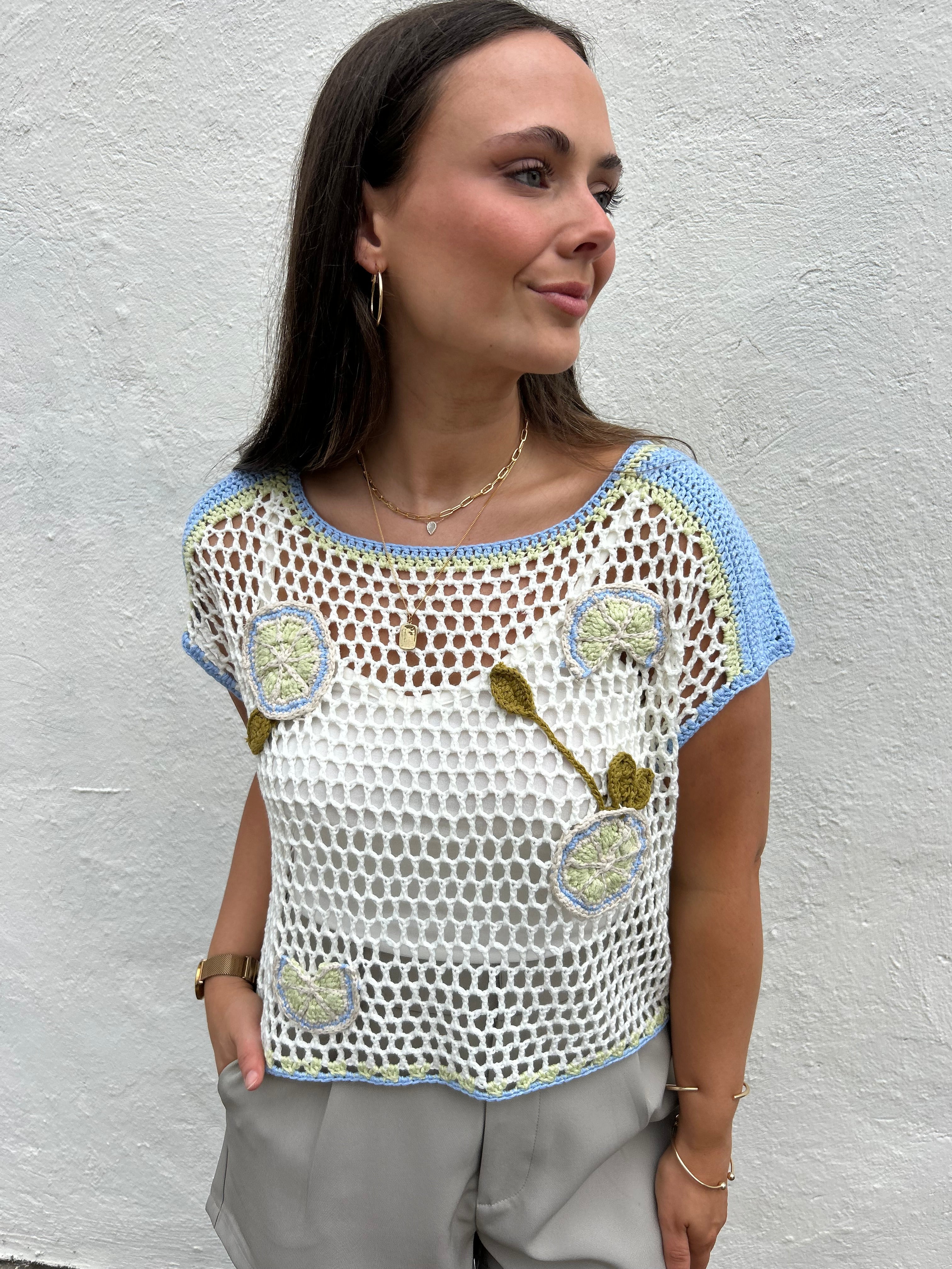 IVORY + BLUE CROCHET TEXTURED TOP