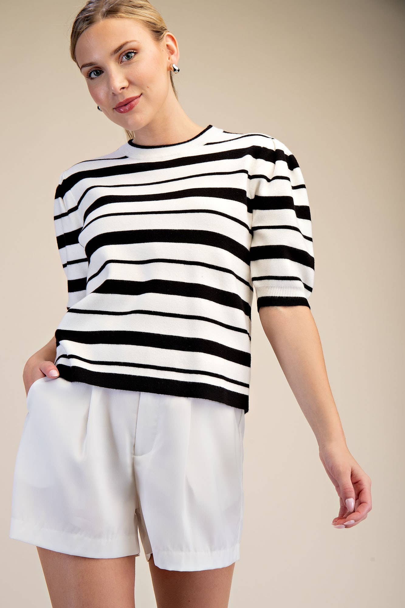 GLAM | BLACK + WHITE STRIPE PUFF SLEEVE TOP