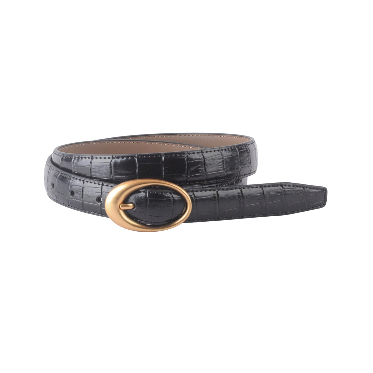 CROCO STITCHED BELT WITH OVAL BUCKLE | BLACK
