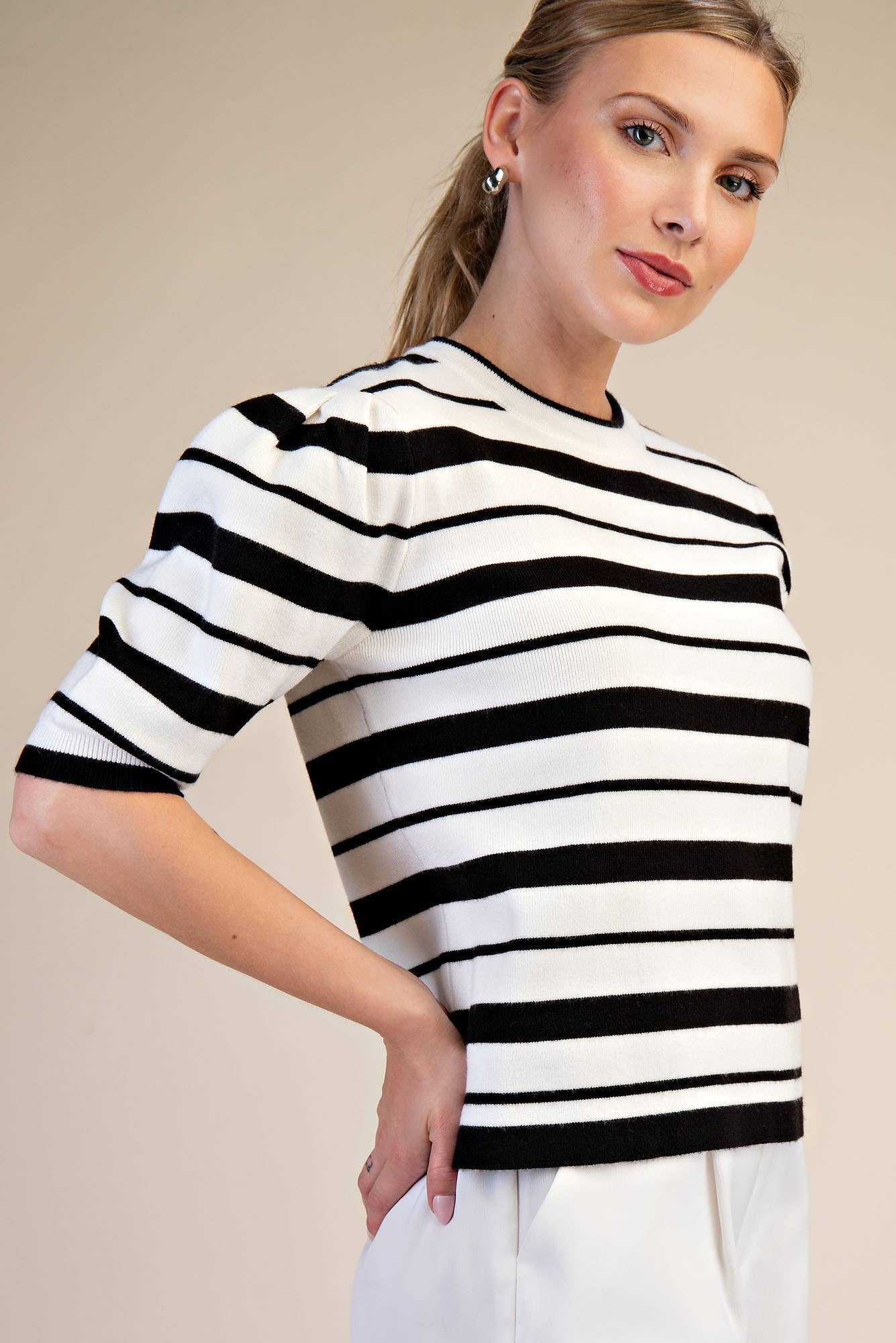 GLAM | BLACK + WHITE STRIPE PUFF SLEEVE TOP