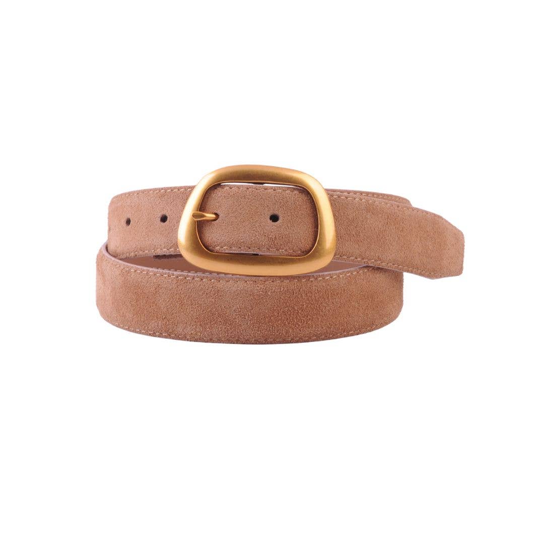 SUEDE BELT WITH ORGANIC SHAPE BUCKLE | CAMEL